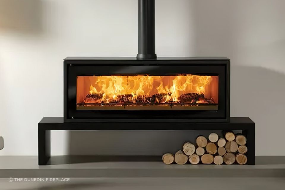 The Stovax Studio 3 Freestanding Rural Wood Fireplace from The Dunedin Fireplace offers a clean, minimalist design with ambient widescreen visuals.