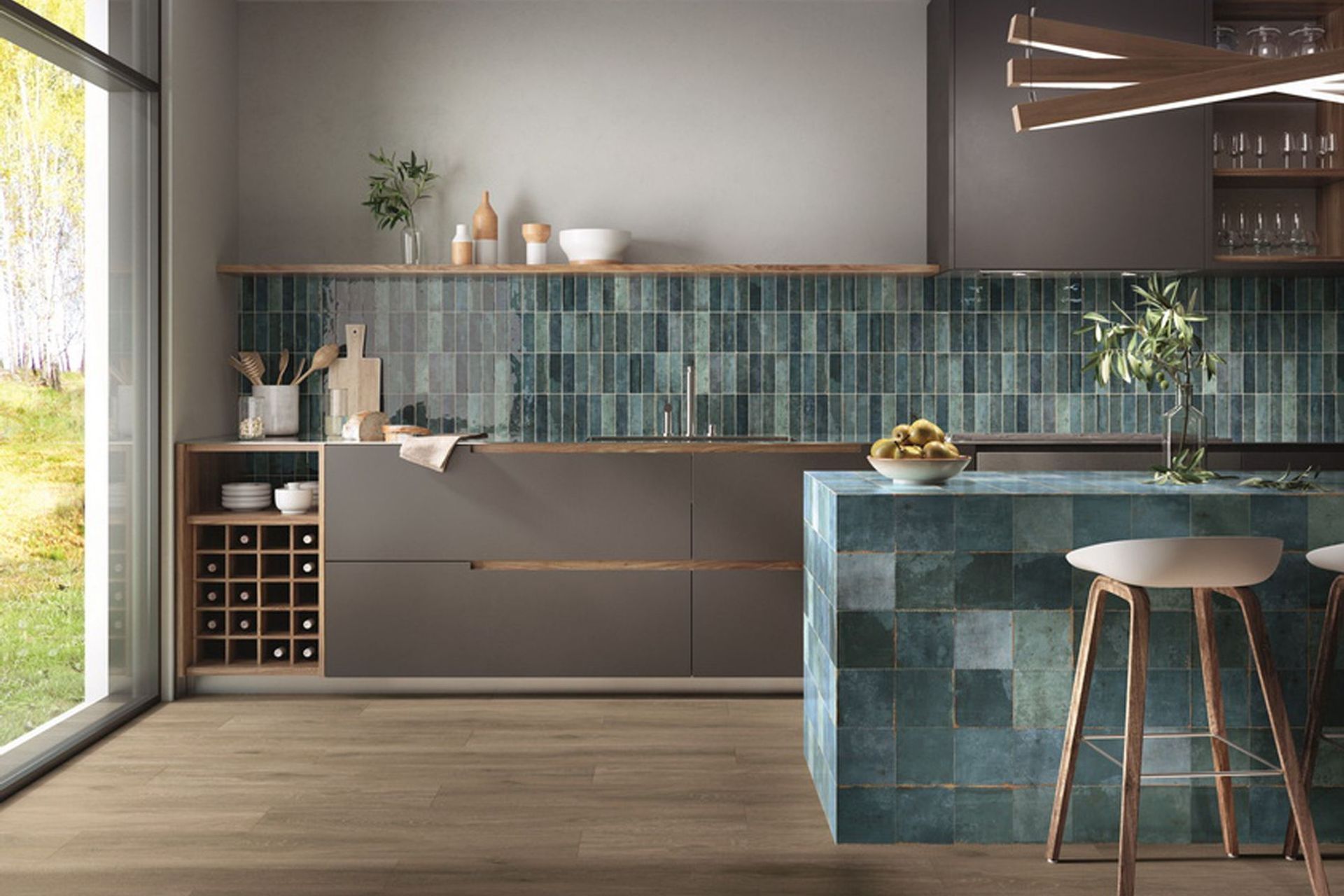 Coordinating your choice of wall tiles alongside your kitchen island, done superbly here with the Tennessee Satin Tiles, is a great way to create a cohesive look.
