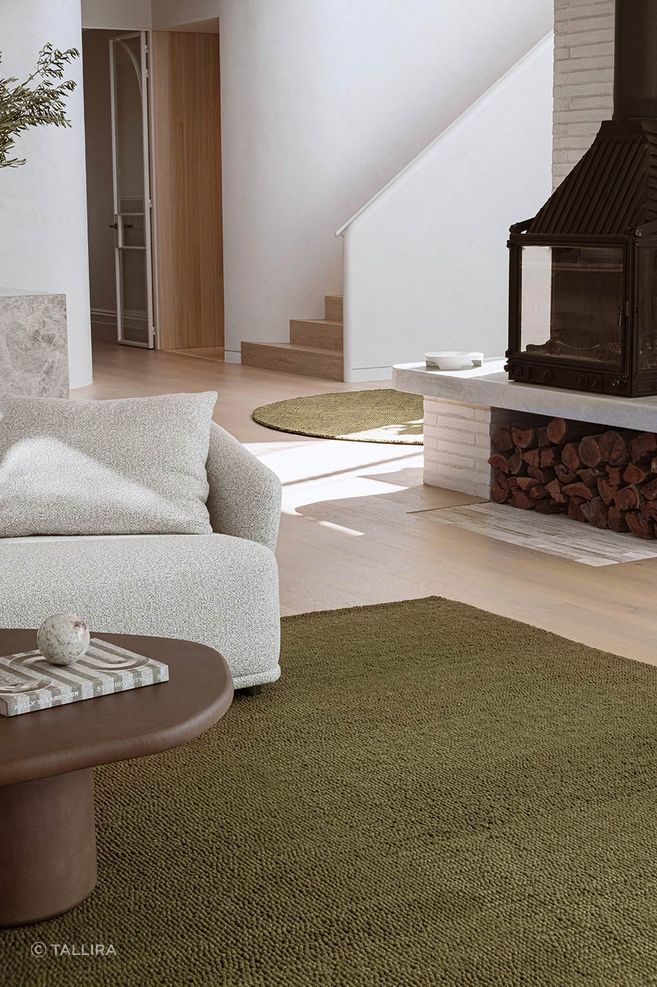 Vesper Rug in Olive featured with the Muundo Laini Coffee Table in Earth.