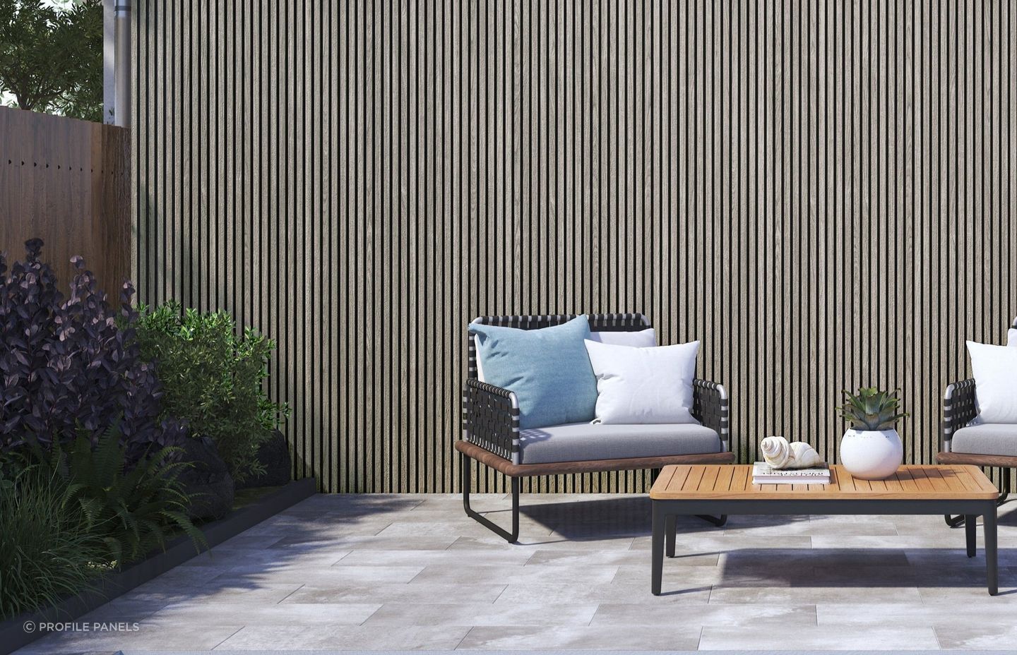 Wood Plastic Composite Panelling for Slat Exterior in Silver Oak by Profile Panels.