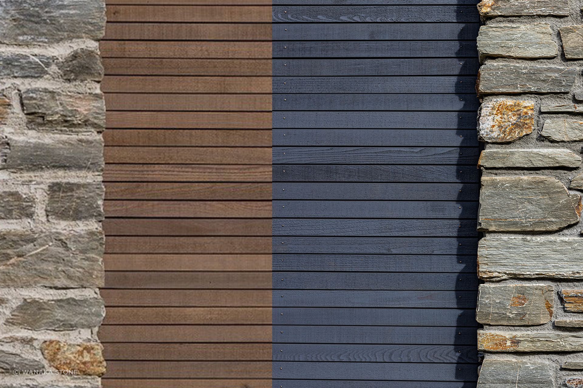 This is the same stone, with the same timber finished in different stain colours. It shows how different materials paired with schist changes the look. Note how the recessed mortar on the right creates a play of shadow.