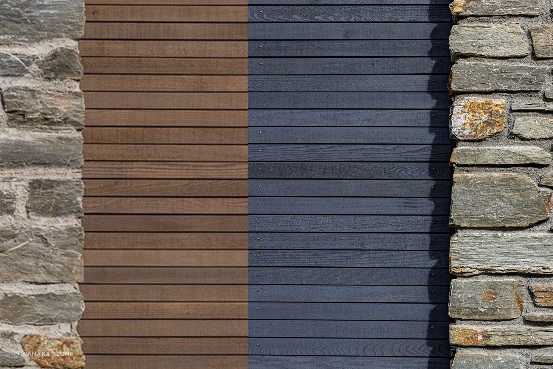 This is the same stone, with the same timber finished in different stain colours. It shows how different materials paired with schist changes the look. Note how the recessed mortar on the right creates a play of shadow.