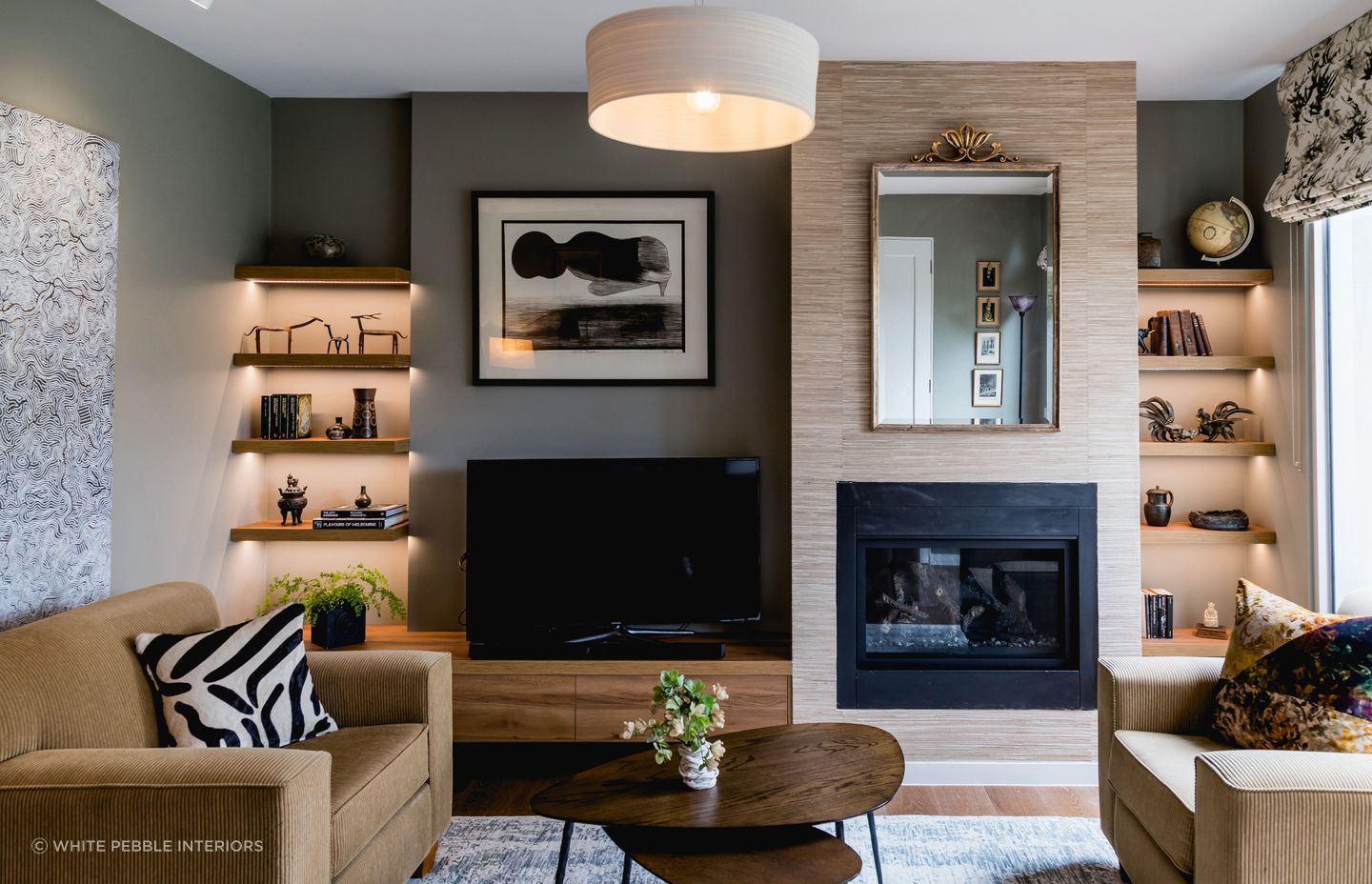 A Hamptons living room doesn't always need to have white walls. Project Hamoton Haven by White Pebble Interiors. Photography: Suzy Appel.