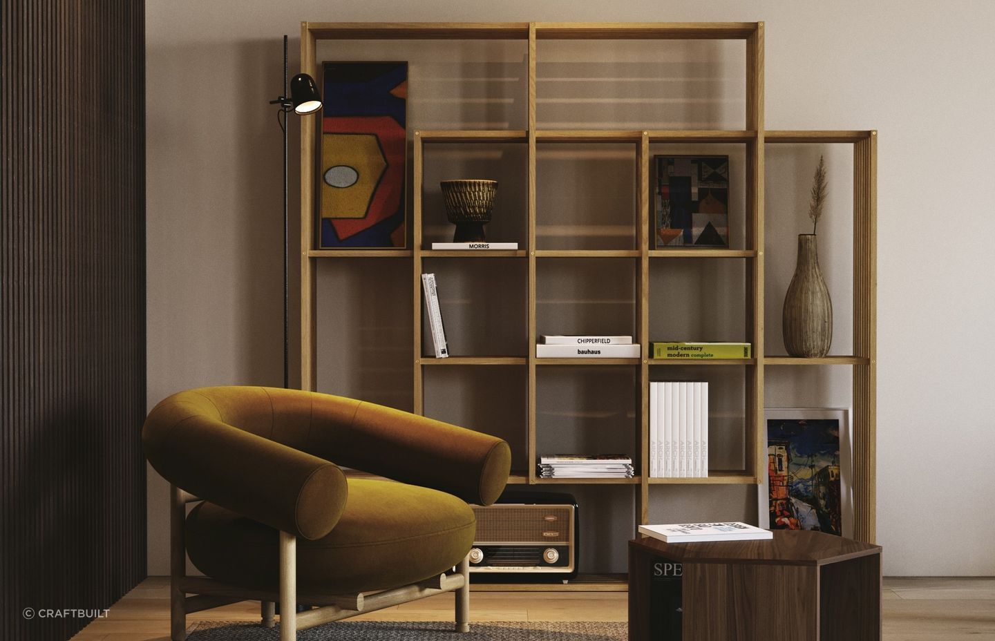 The stylish X2 Bookshelf by Craftbuilt, decorated with colour choices that create dynamism and depth.