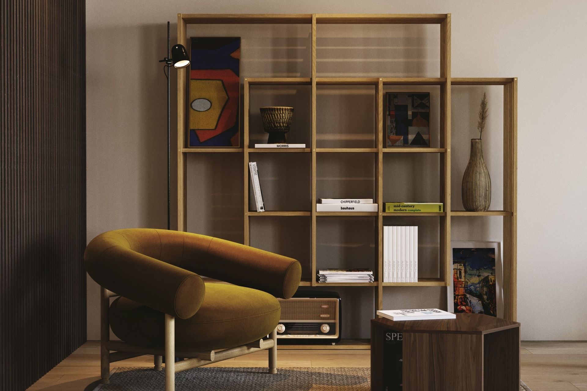 The stylish X2 Bookshelf by Craftbuilt, decorated with colour choices that create dynamism and depth.