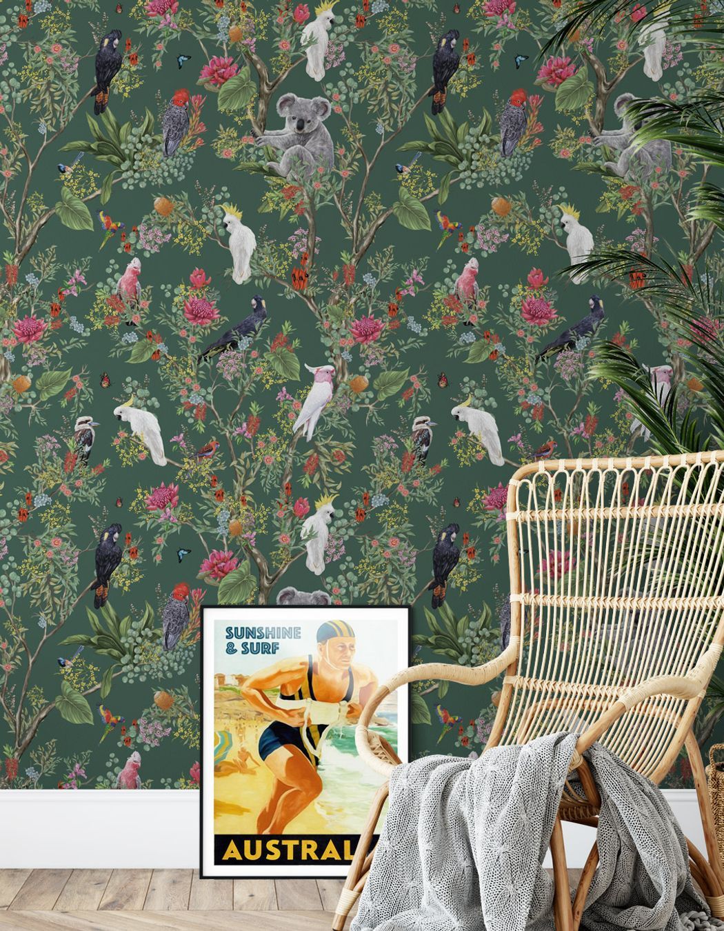 Strategically placing wall art against an intriguingly designed wallpaper is a great way to create contrast.