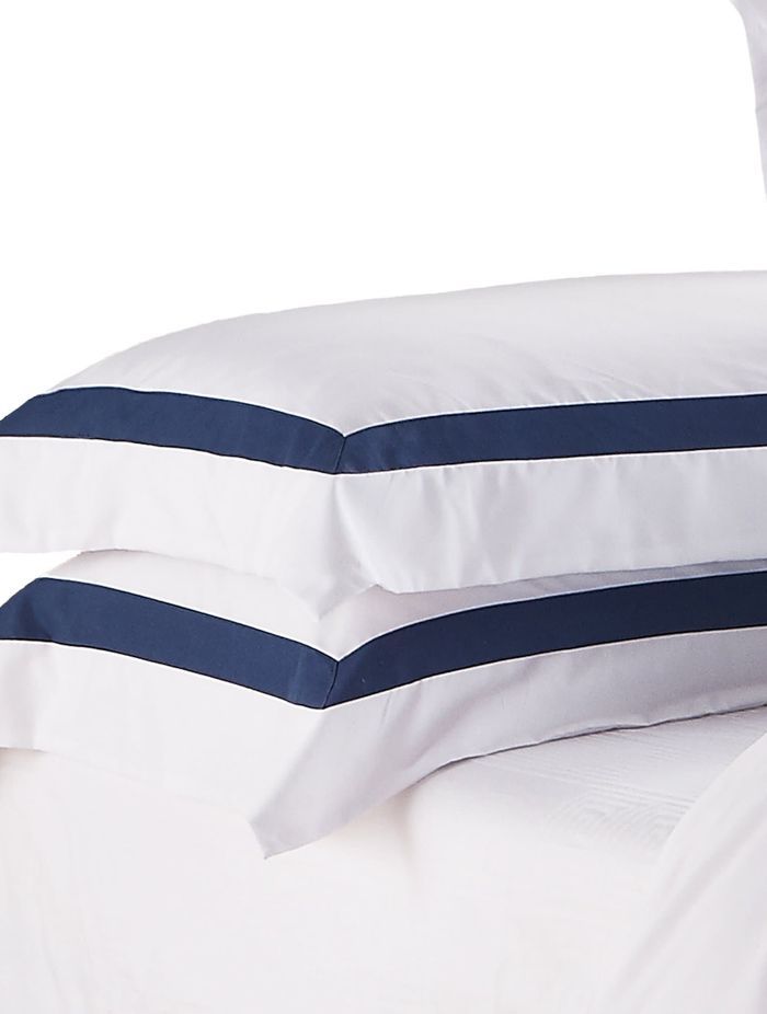 Ava Collection Standard Pillowcase Set - Navy Trim
by Ivory &amp; Deene Collection pillowcases are made from super soft microfiber with a bold border contrast trim