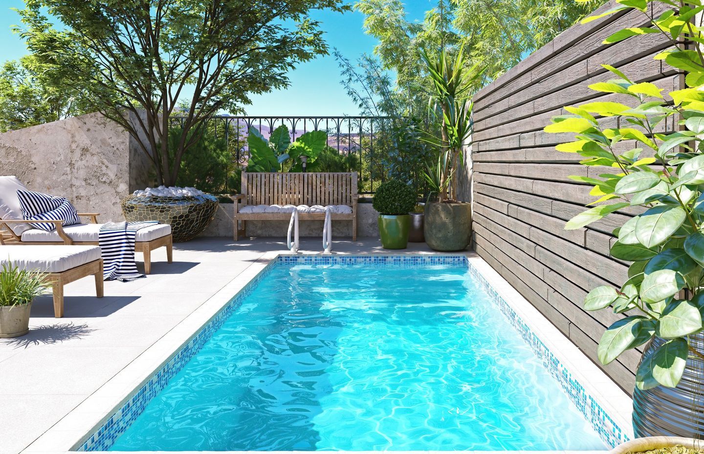 The Bonaire Pool from Poolpac features a porcelain tile finish at the waterline — a lovely touch of style.