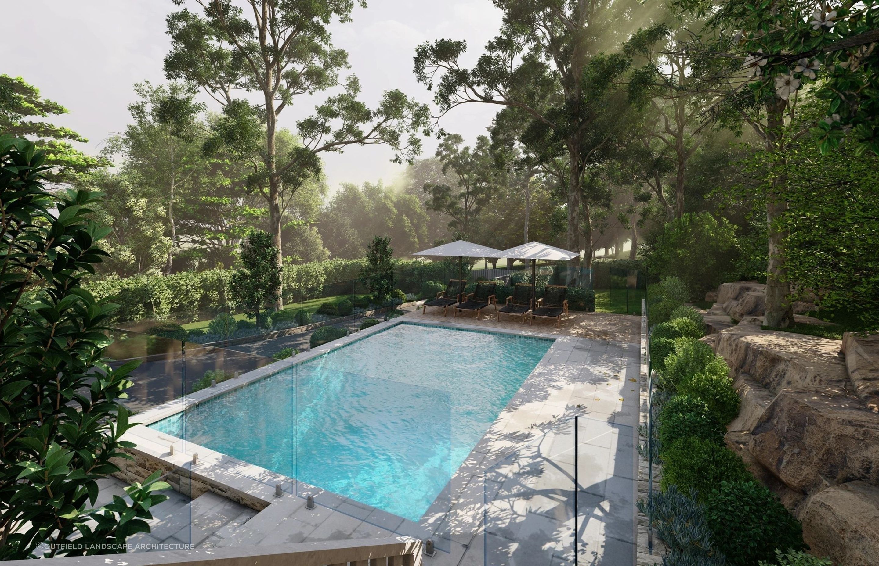 Trees provide adequate shade to this pool area, without completely blocking out natural light. Featured project: Caringbah South Residence - Outfield Landscape Architecture