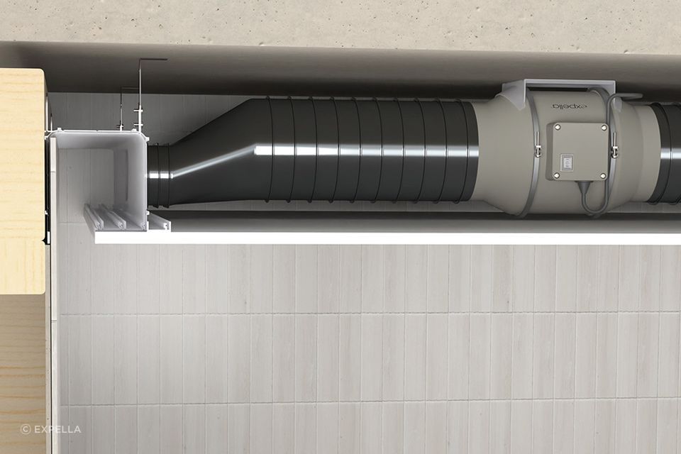 Internal ceiling space needs to be considered when planning ventilation systems. This example shows an inline ventilation system using Expella’s EMF series fan and Shadowline Diffuser Pro internal grille.