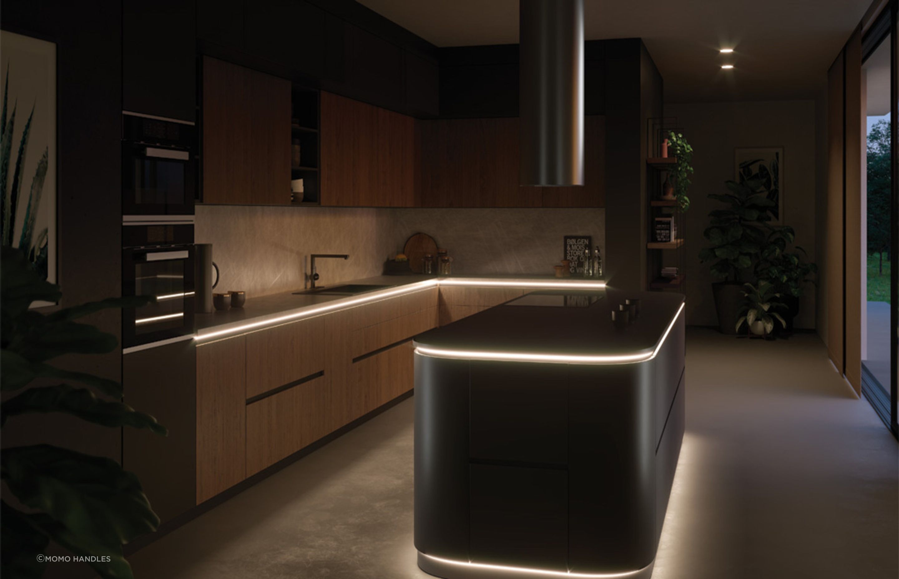 Cabinet LED lighting illuminating the kitchen workspace, providing both task lighting and aesthetic appeal