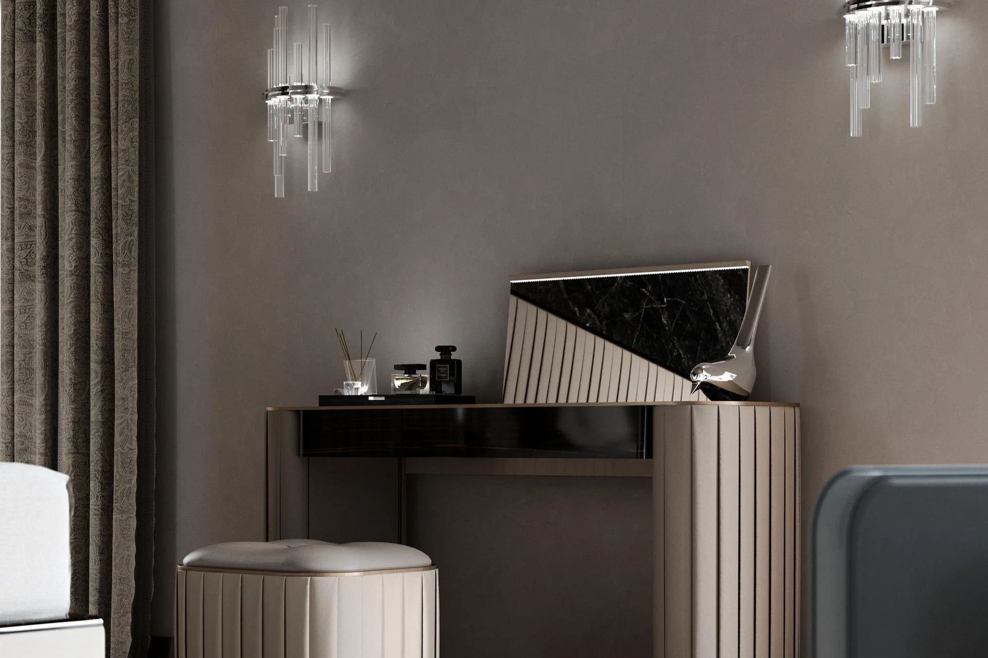 Dazzling wall lights make a spectacular feature of the equally dazzling Plisse Dressing Table from Sarsfield Brooke Ltd.