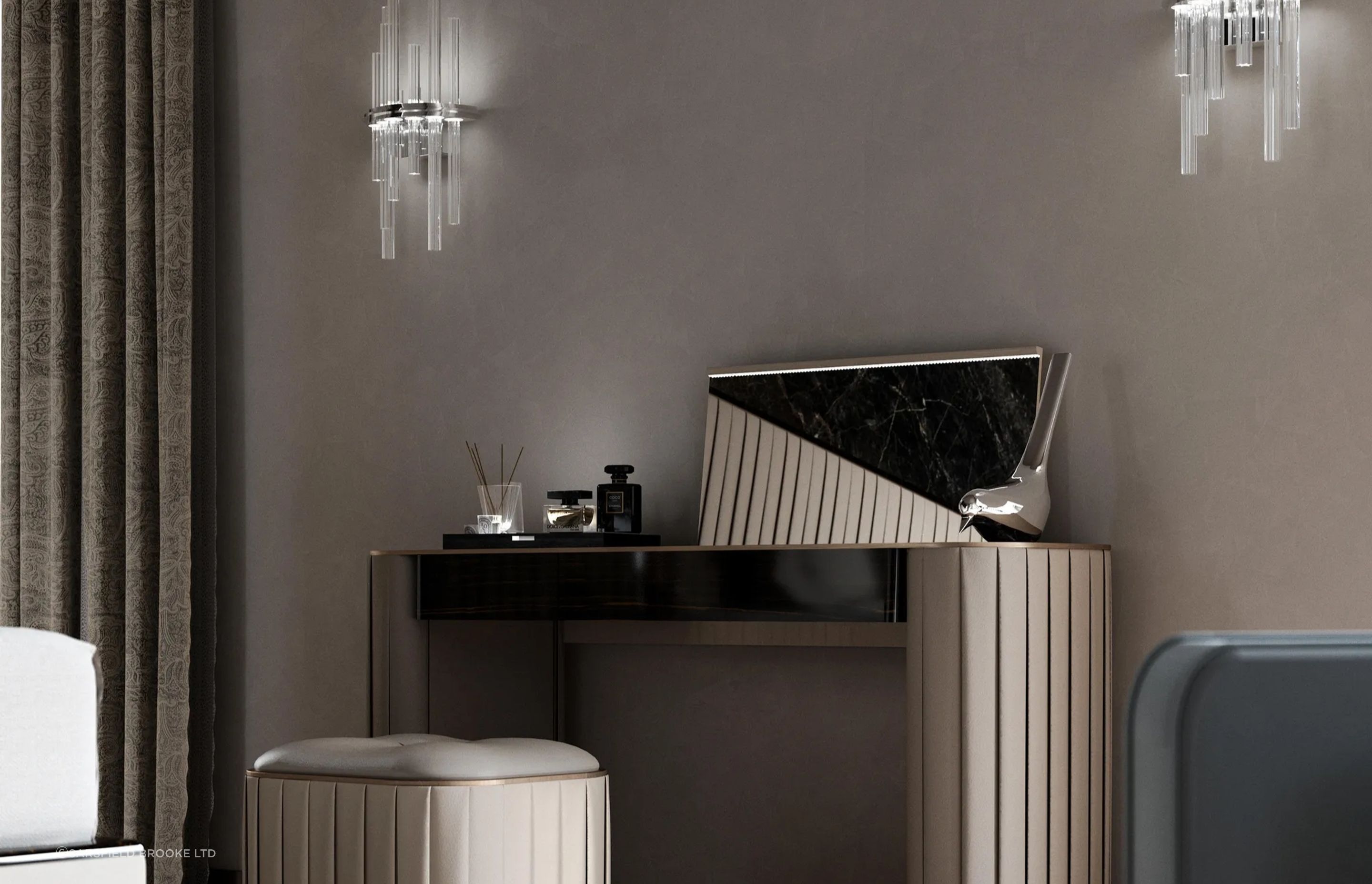 Dazzling wall lights make a spectacular feature of the equally dazzling Plisse Dressing Table from Sarsfield Brooke Ltd.