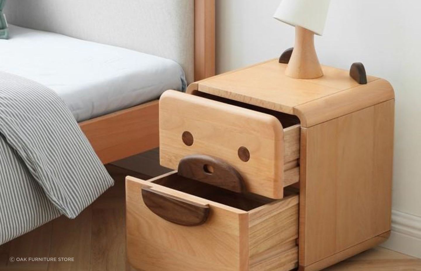 Kid's bedside tables can be playful and fun like the Urban Kidz Animal Oak Bedside Table.