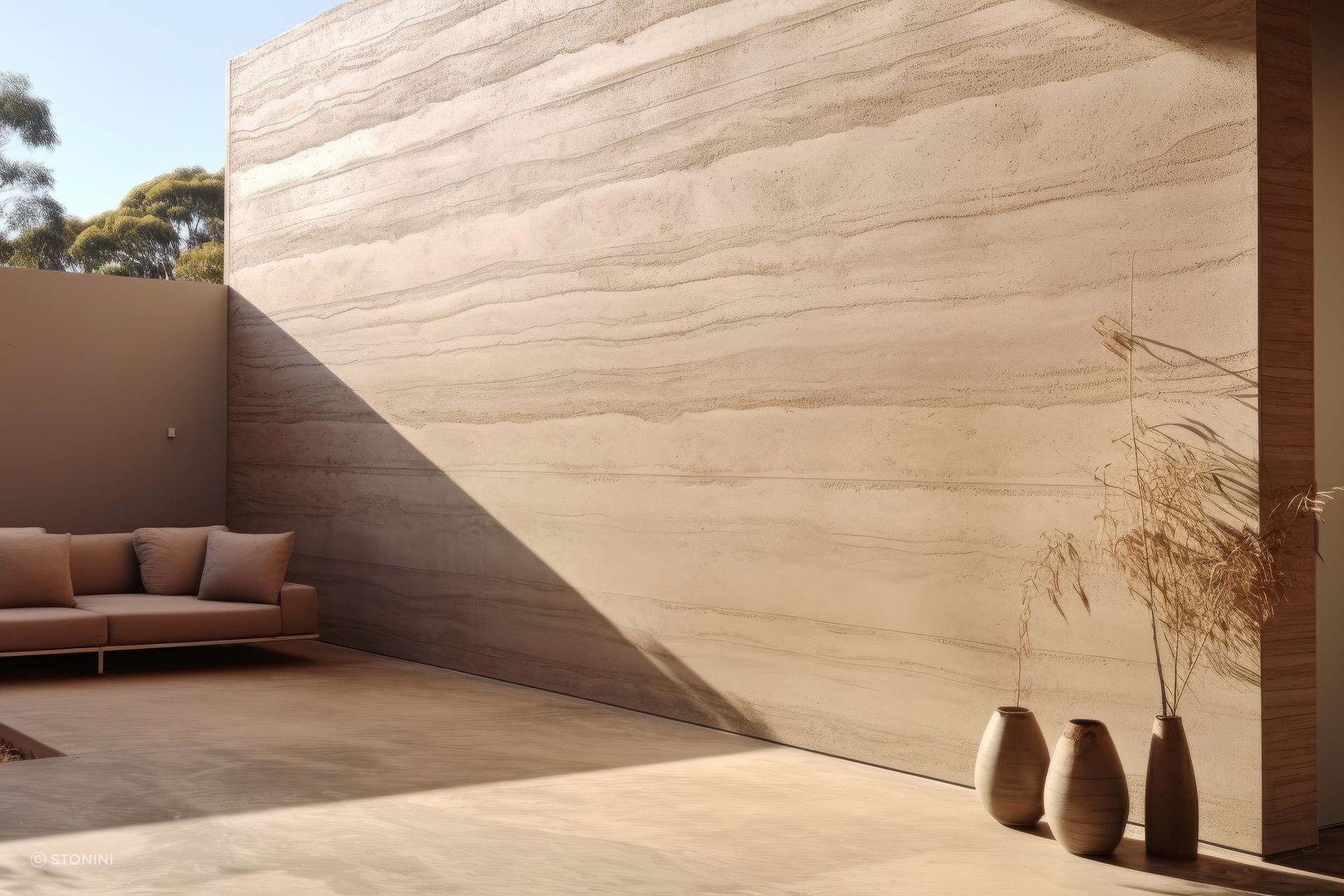 Precast rammed earth panels backyard installation. (Artist’s rendering; not an actual product photograph.)