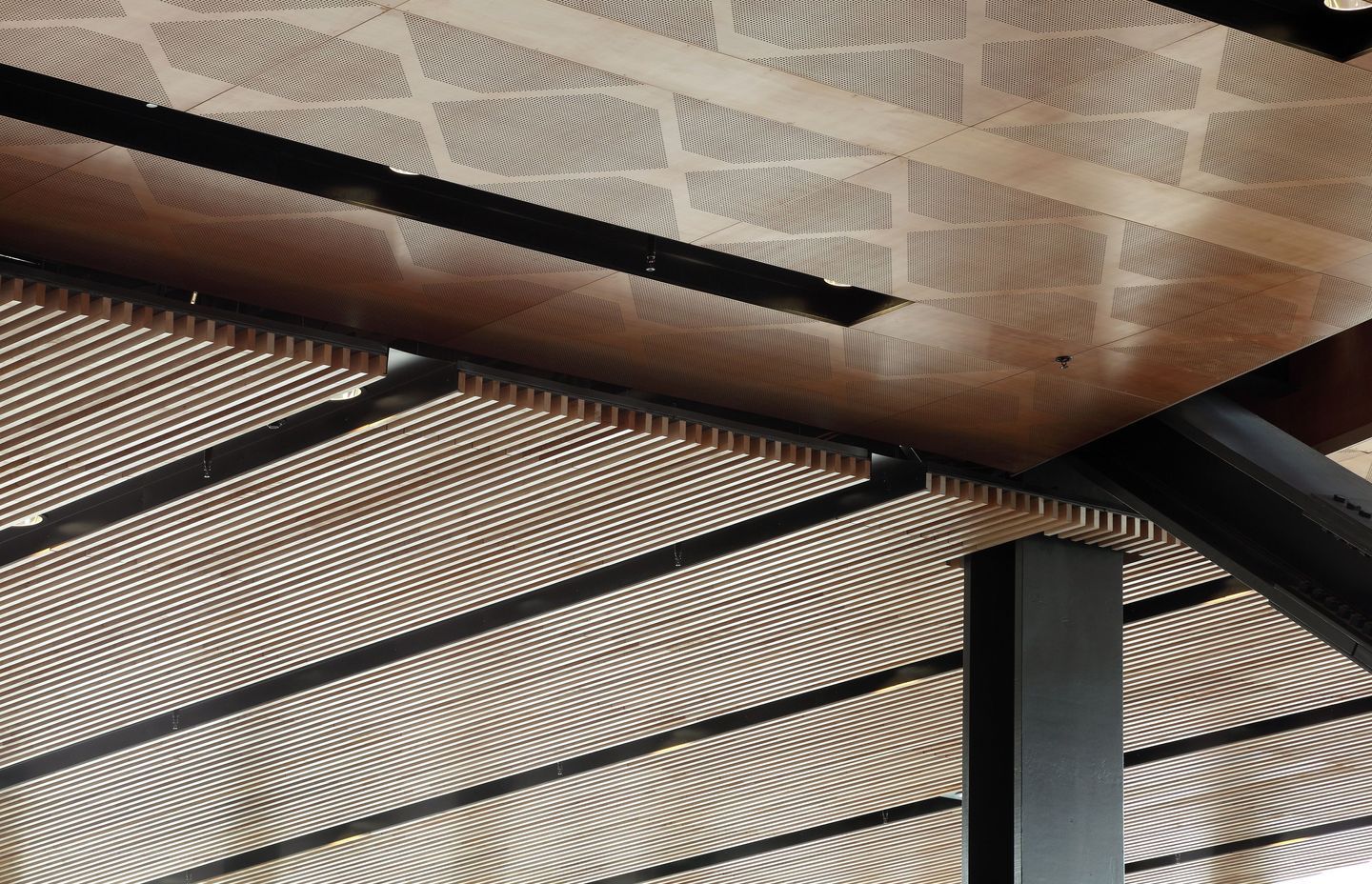 Here, wood is used in a ceiling feature in the Manukau Institute of Technology building, Auckland.