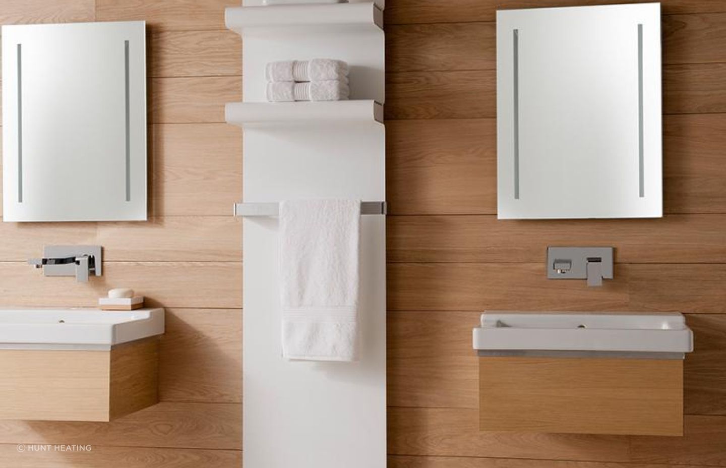 Rebel Heated Towel Rails with floating shelves from Hunt Heating
