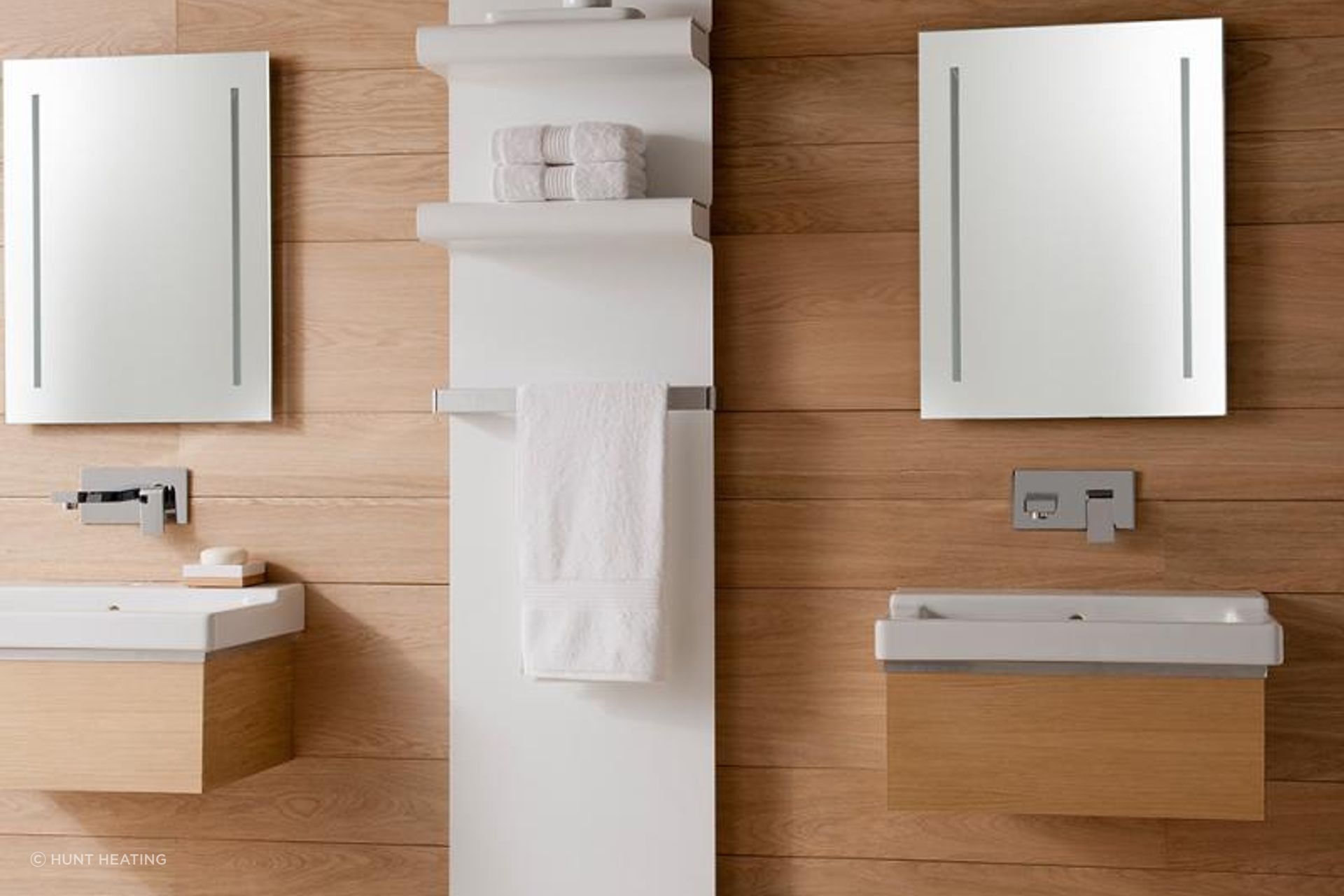 Rebel Heated Towel Rails with floating shelves from Hunt Heating