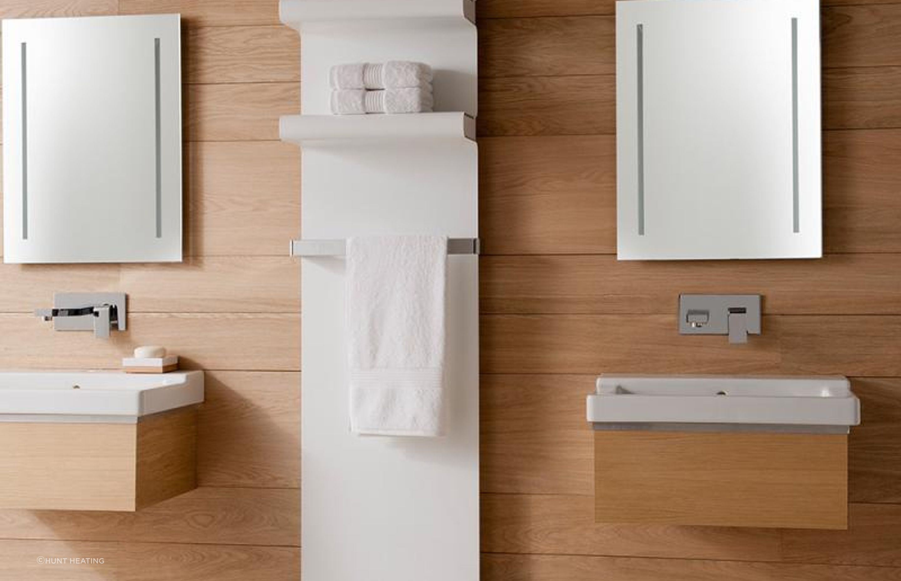Rebel Heated Towel Rails with floating shelves from Hunt Heating