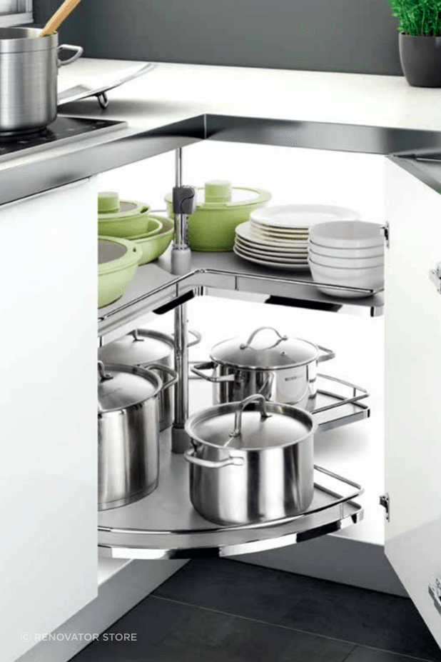 A fine collection of saucepans stored in a Kitchen Cupboard Carousel from the Renovator Store