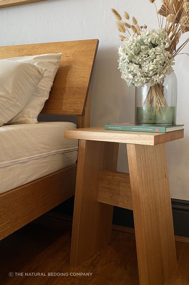 The Natural Bedding Company's furniture is crafted from natural timber, including the Baxter Timber Bedside Table. Handcrafted in the Sydney workshop from hand-selected, untreated Tasmanian Oak, which has been sustainably sourced from certified forests (AFS, PEFC, FSC), it's a simple, compact design that suits just about any interior style.