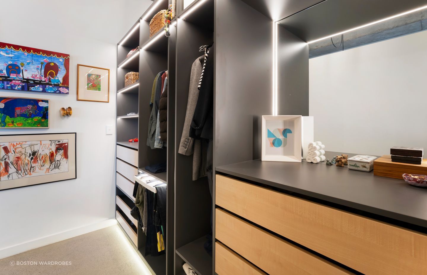 The design is informed by your storage needs, available space, lighting, and aesthetic preference.