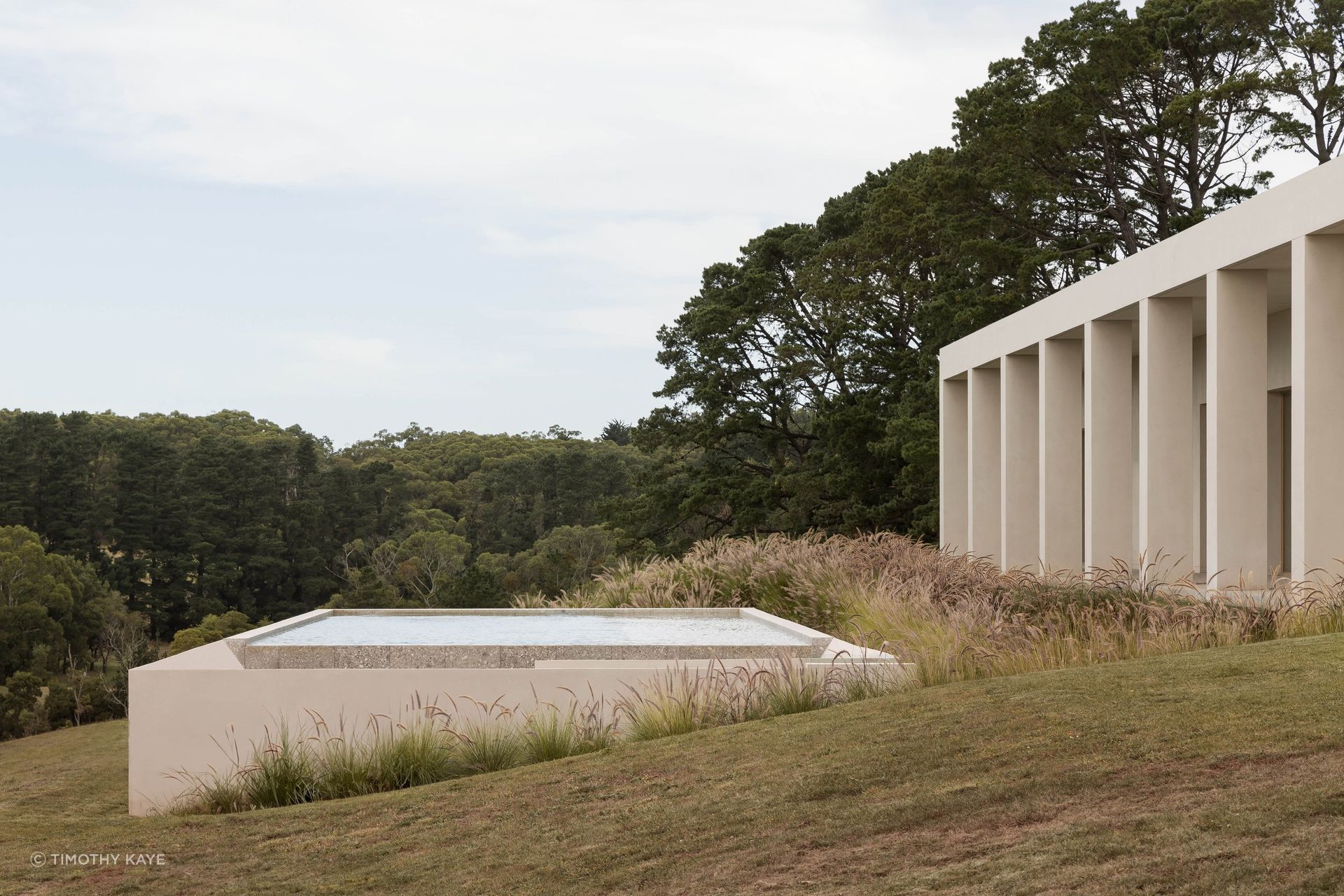 At EPSC Residence, a sculptural pool and rhythmic colonnade settle into the sloping Mornington Peninsula landscape, allowing architecture and garden to read as a single composition.