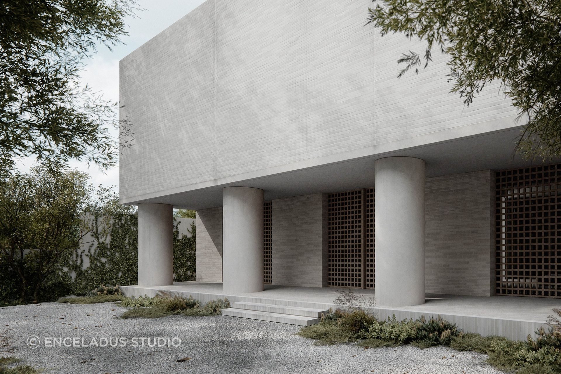 The restrained façade is softened by deep colonnades and timber screening, creating a measured threshold between the public realm and the home.