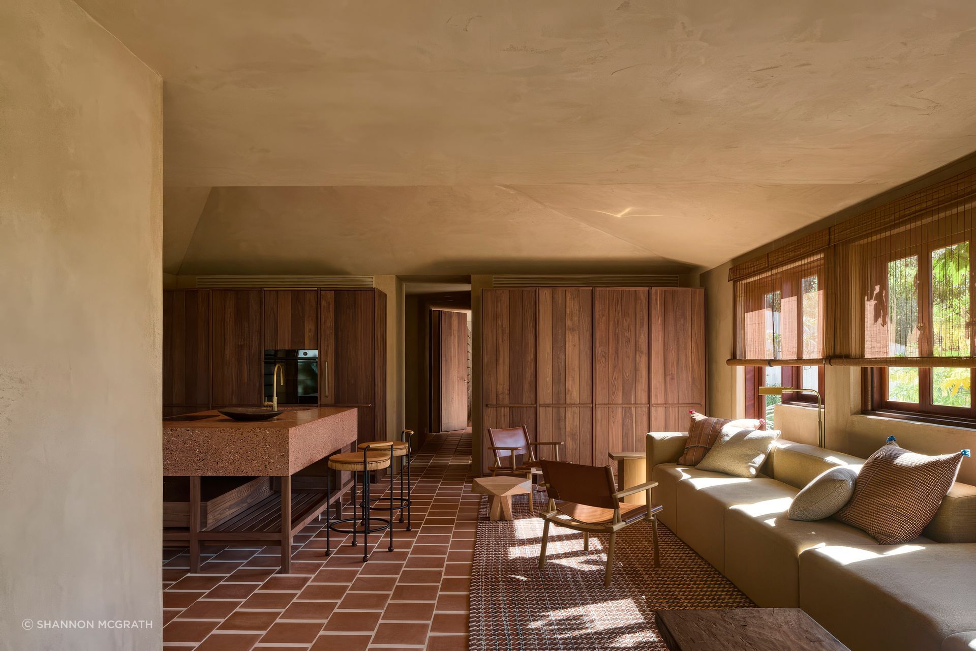 The open plan kitchen and living space at Bryon Bay residence.