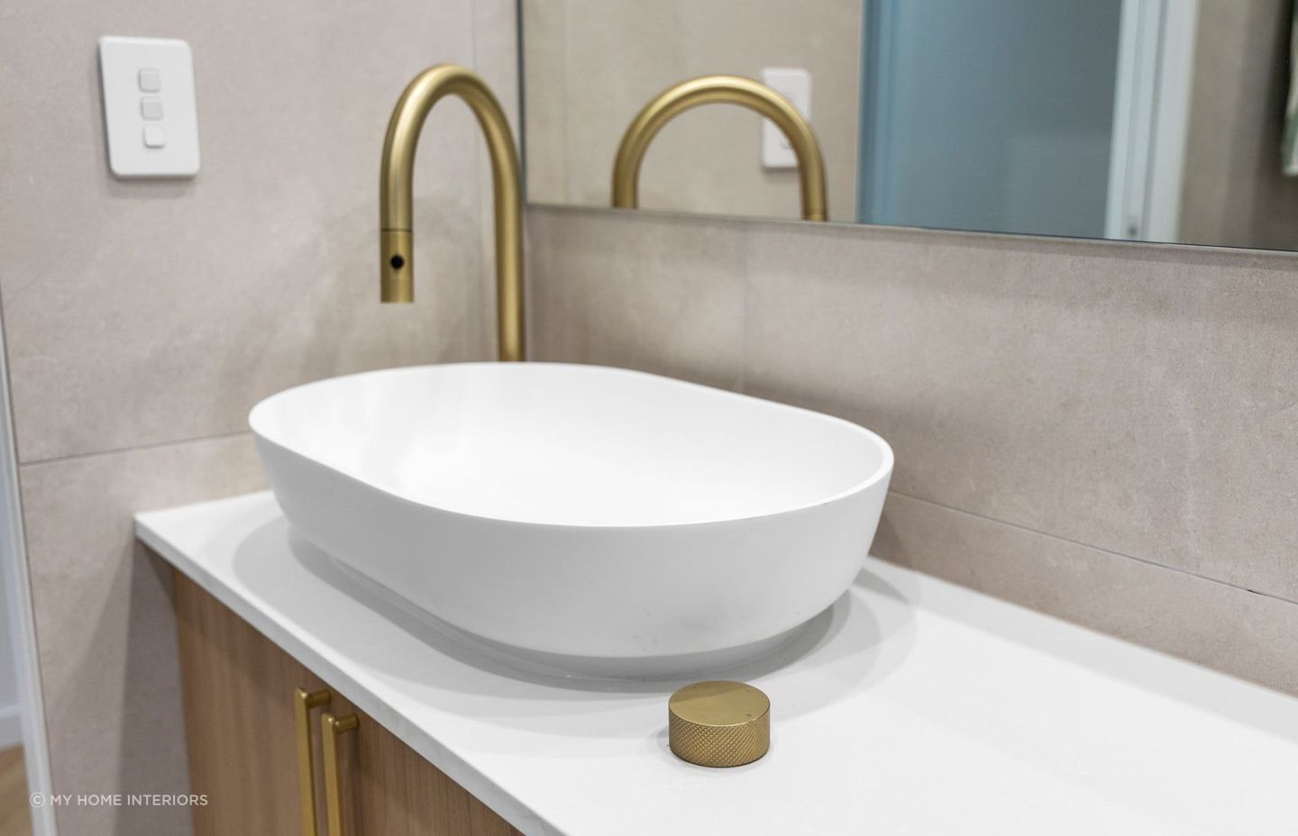 The Palermo Stone Top Mount Basin by My Home Interiors is an elegant countertop solution for a bathroom.