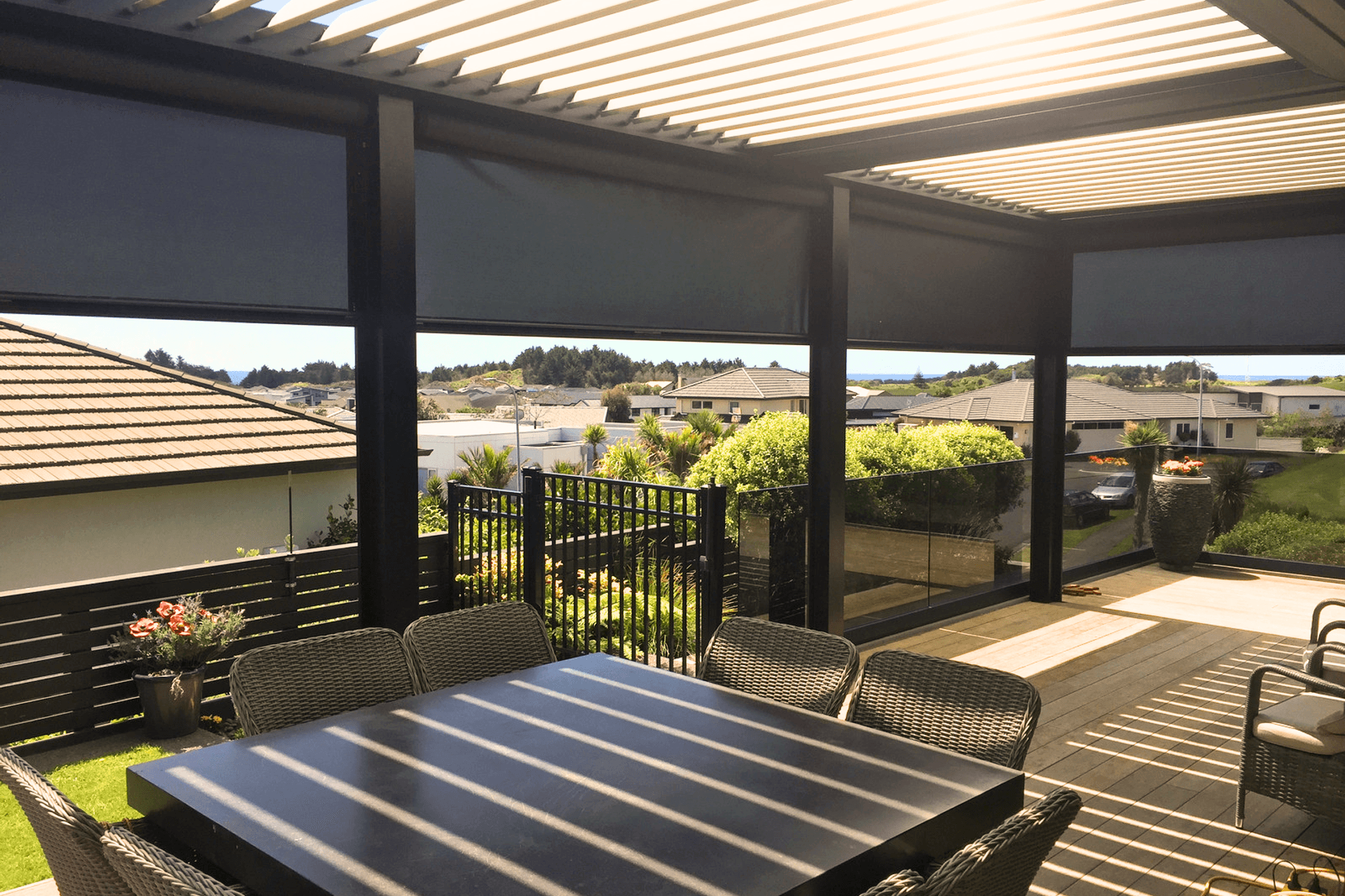 Outdoor blinds can close off a room, ideal in high winds or on a wet day.