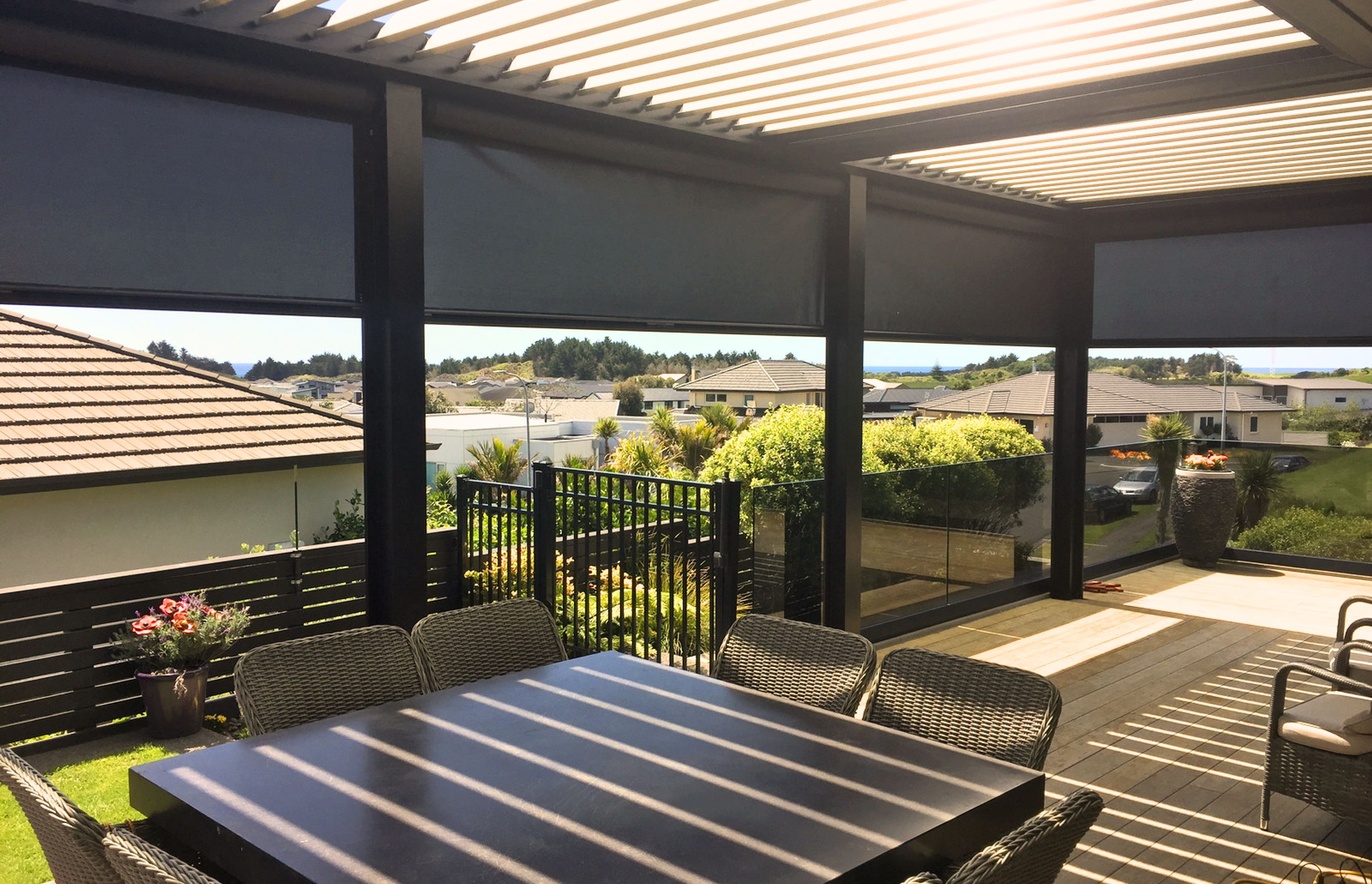 Outdoor blinds can close off a room, ideal in high winds or on a wet day.