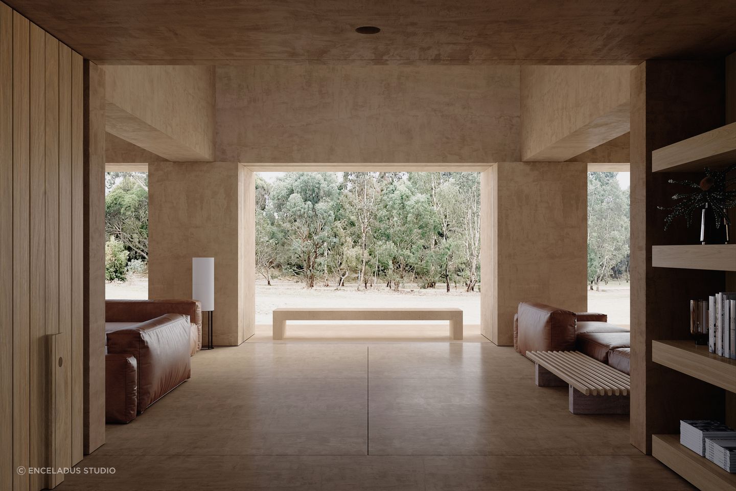 At LPS Residence, a restrained palette of ochre-toned render and timber frames the vineyard outlook, allowing material, proportion and view to carry the space.