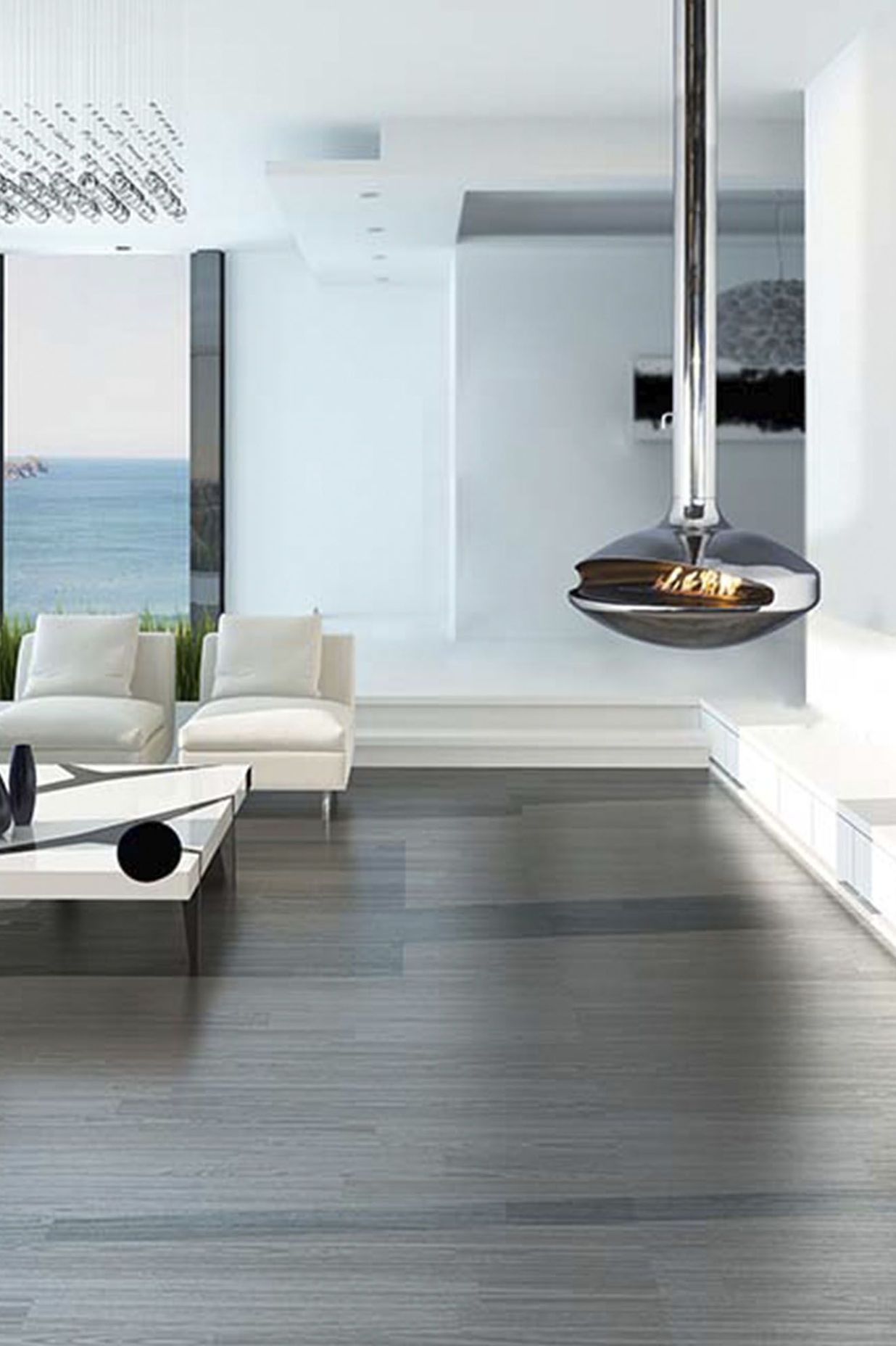 The luminous depth of this marine grade Stainless Steel Aurora Aether fireplace is alluring.