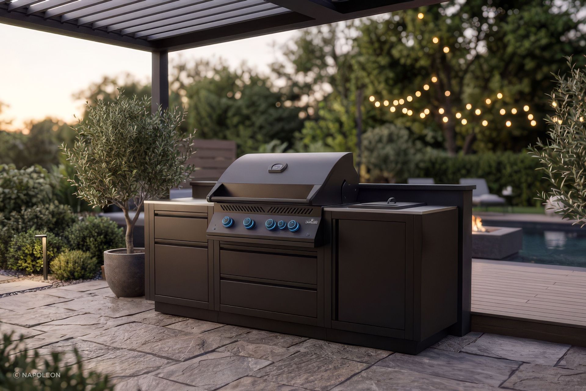 Ideal for architecturally designed al fresco spaces, Napoleon’s built-in 700 series is made for seamless integration, fitting neatly into your outdoor benchtop for smooth transitions between prep and cooking. Image generated by AI.