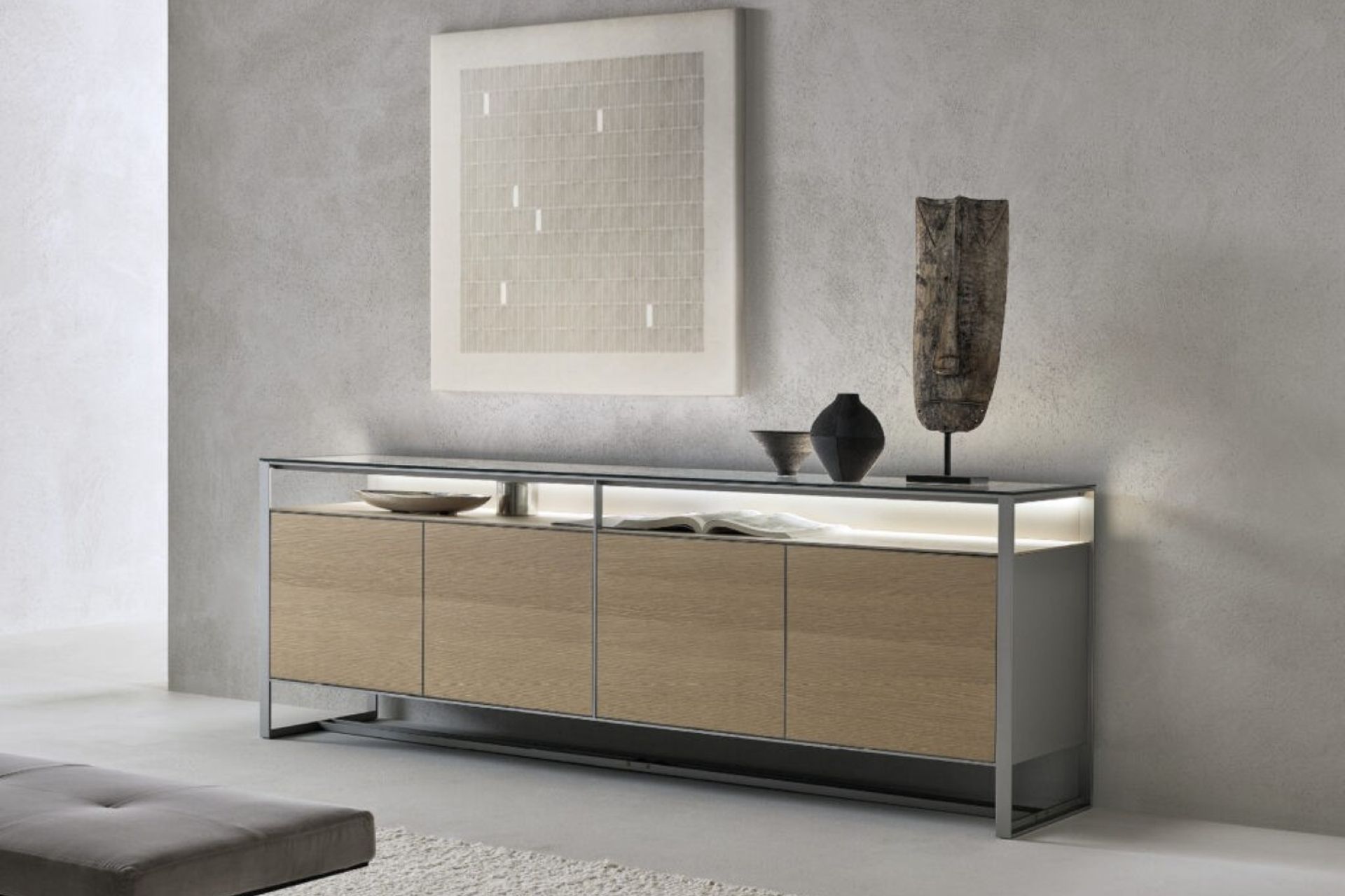 The Rialto Sideboard by Rimadesio is a sophisticated choice complemented with an LED lighting system.