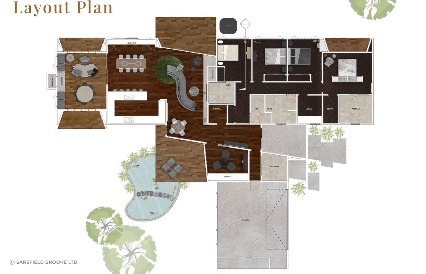 After spatial and flow planning, the team produced a layout plan to demonistrate exact and ideal placement of furniture pieces.