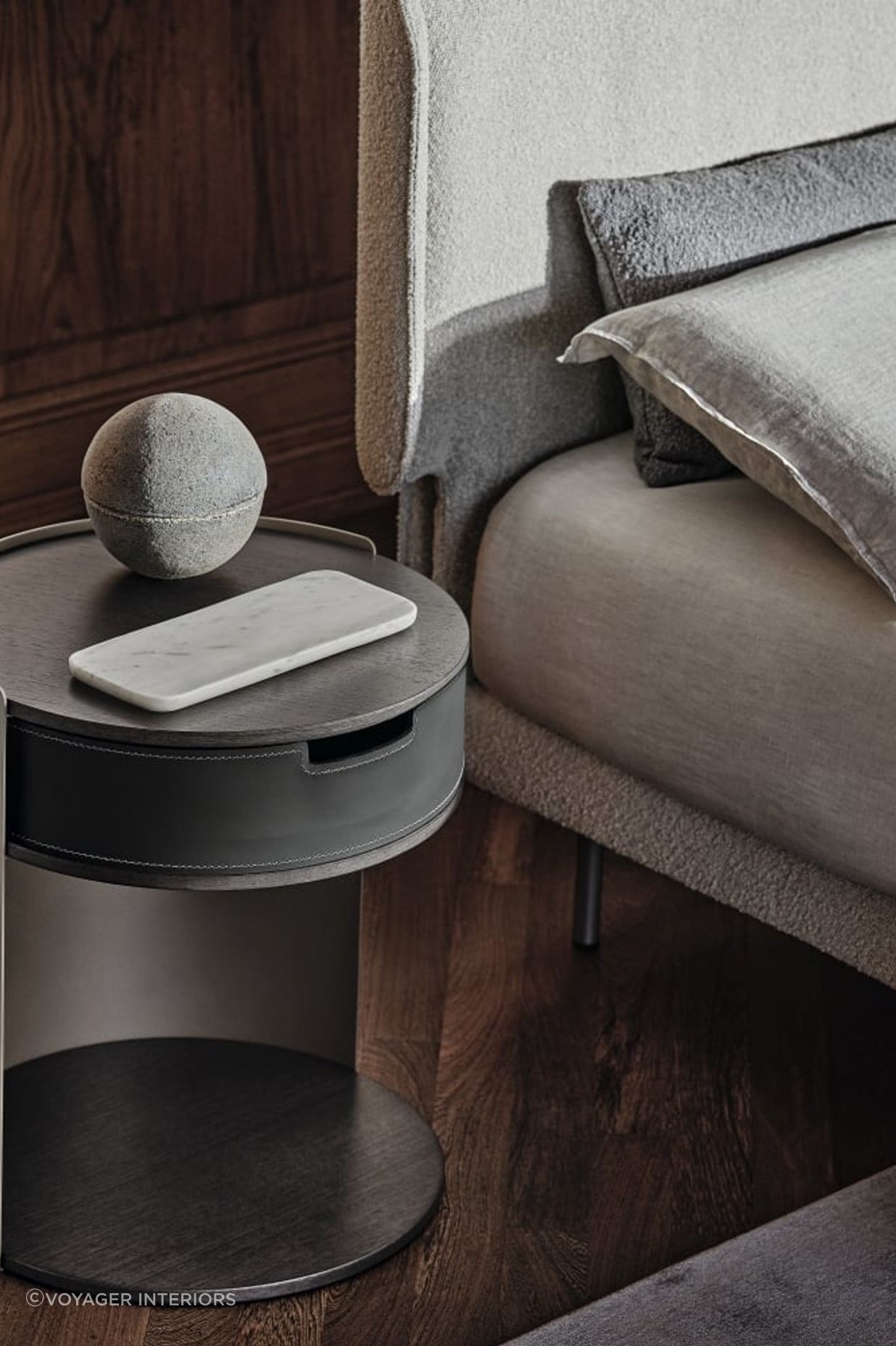 Metal bedside tables, like this Skin Side Table, offer a blend of style and functionality.