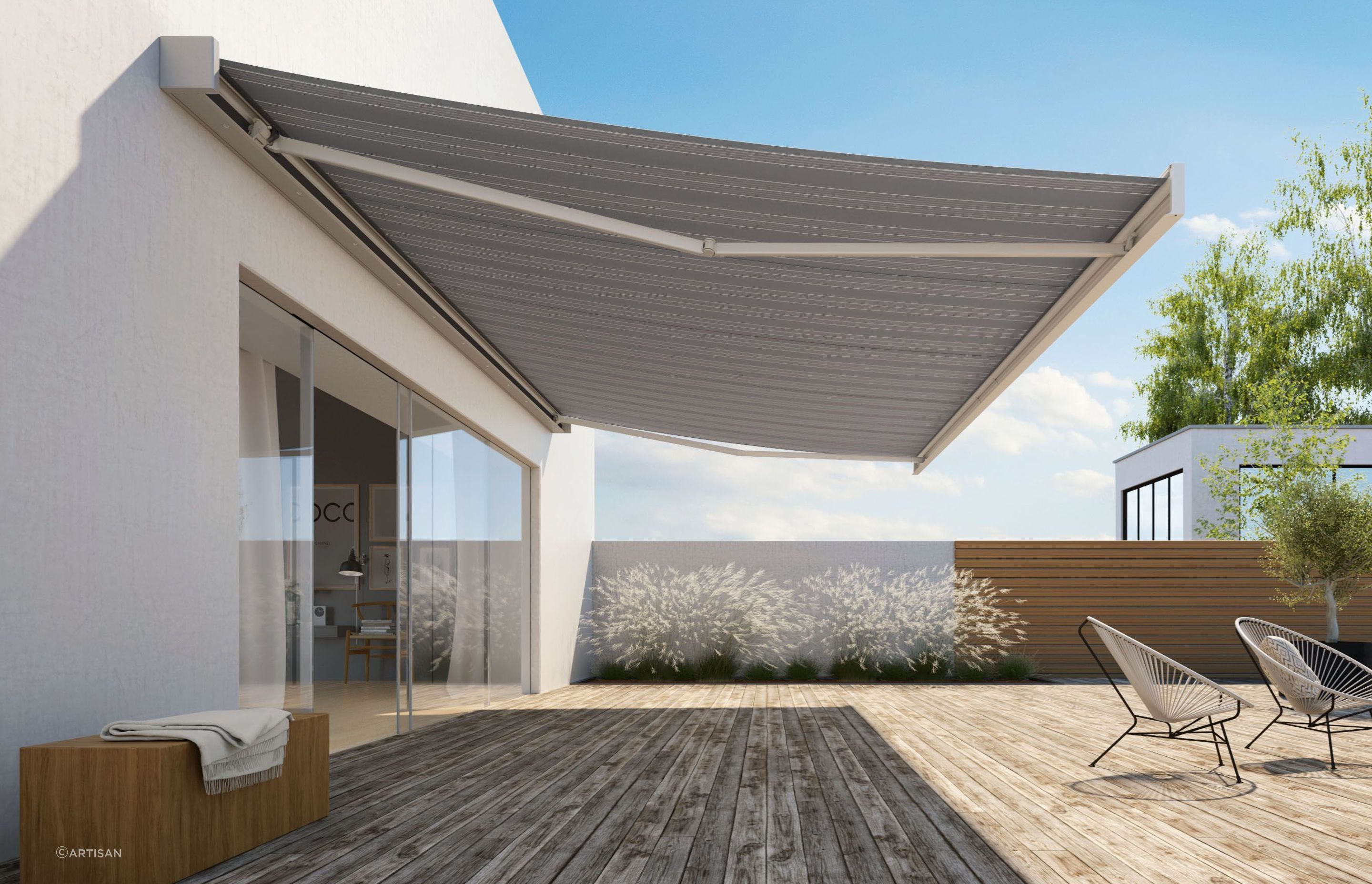 An excellent example of a high-quality retractable awning with the Weinor Kubata featuring a modern cubic design