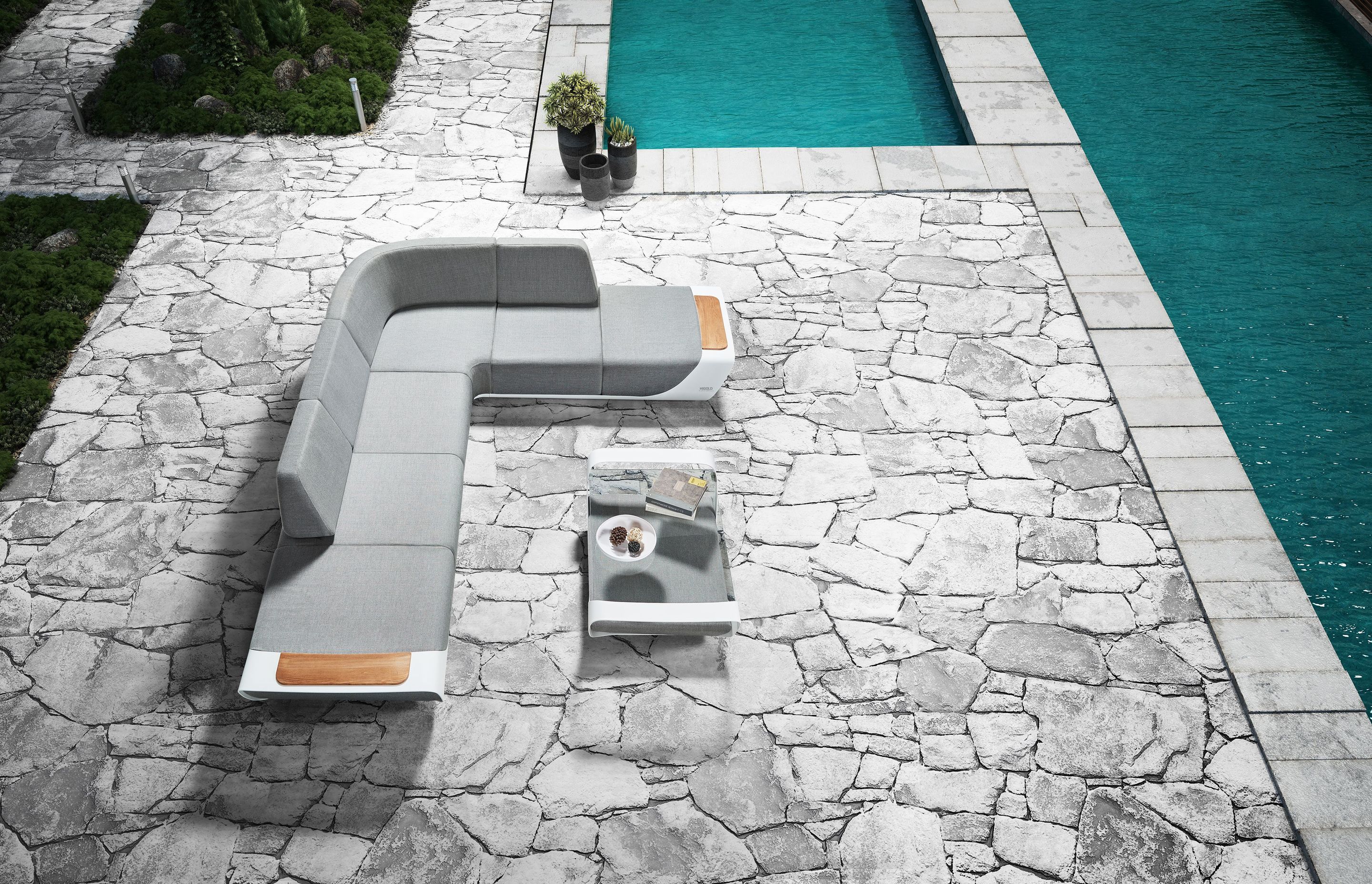 The Onda Conversational Modular Sofa is an elegant addition to poolside entertainment areas.