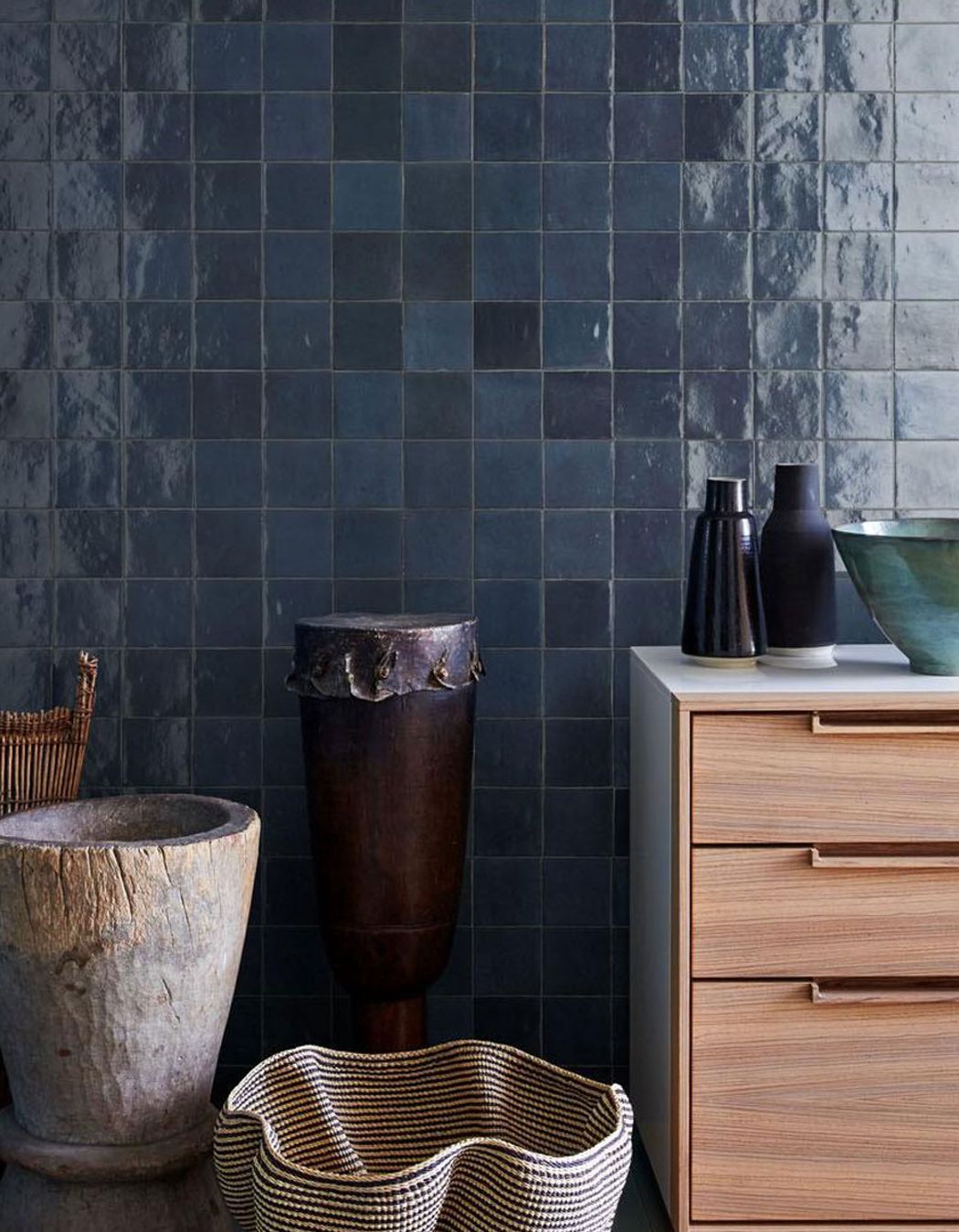 Dark blue Zellige tiles on full display