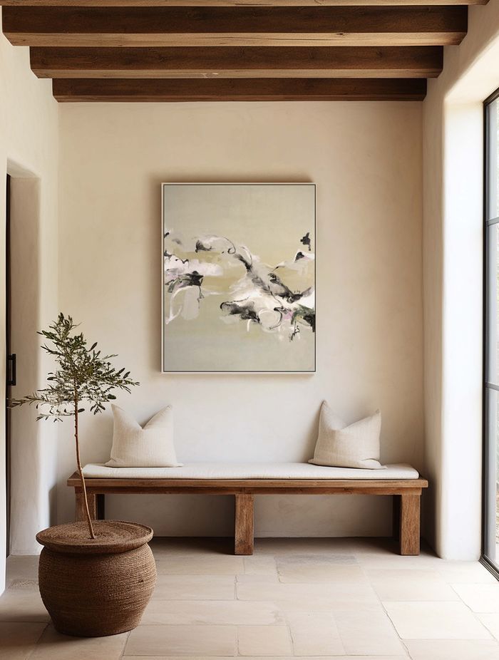 The soft, muted background of 'Beyond the Horizon' sets a tranquil scene, while the abstract's sweeping forms carry a sense of movement and transition.