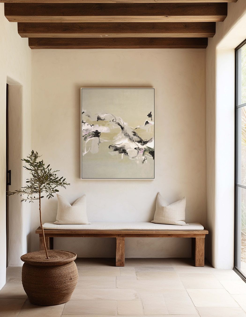 The soft, muted background of 'Beyond the Horizon' sets a tranquil scene, while the abstract's sweeping forms carry a sense of movement and transition.