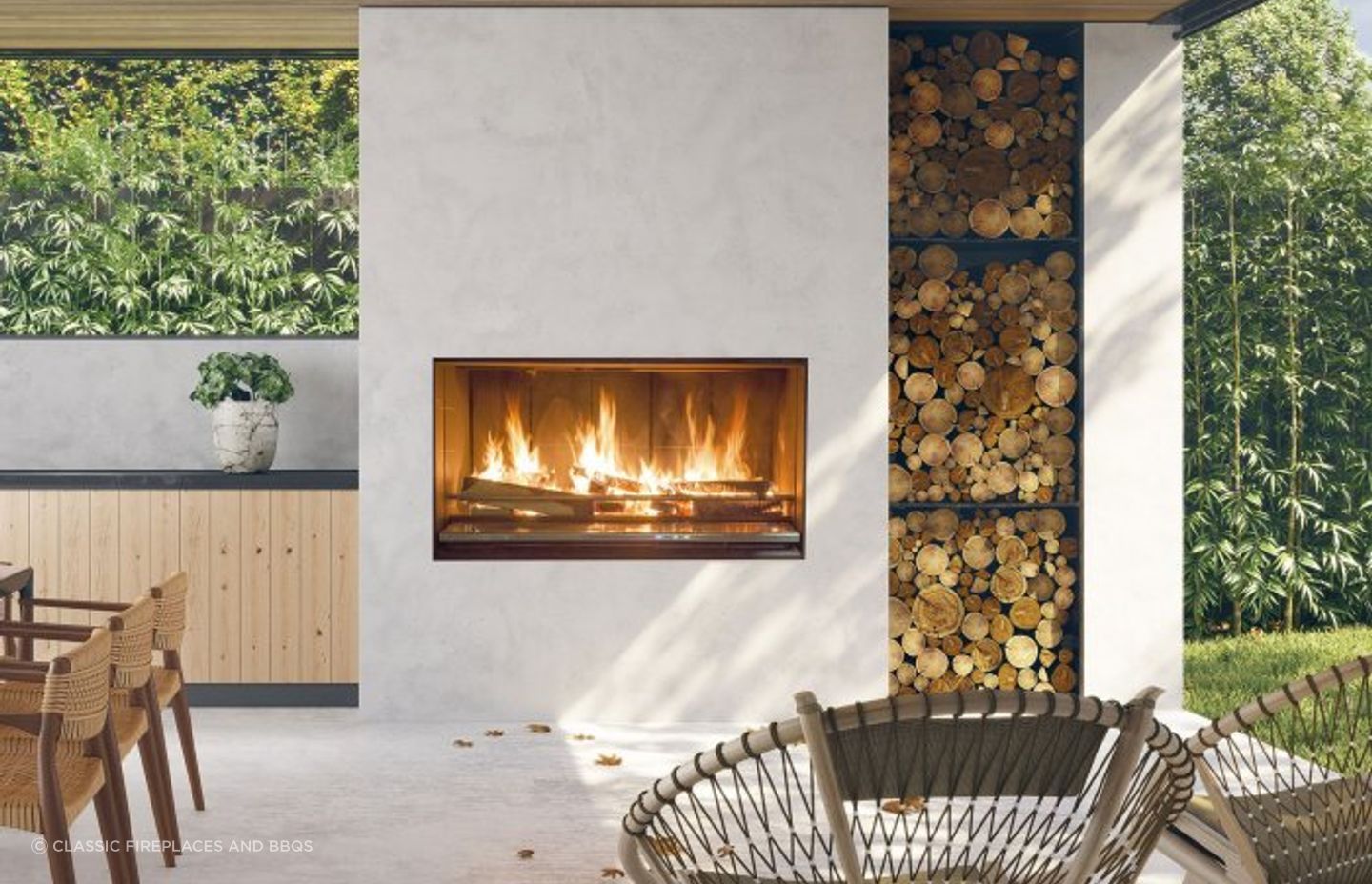 Escea EK950 Outdoor Wood Fireplace Kitchen from Classic Fireplaces and BBQs
