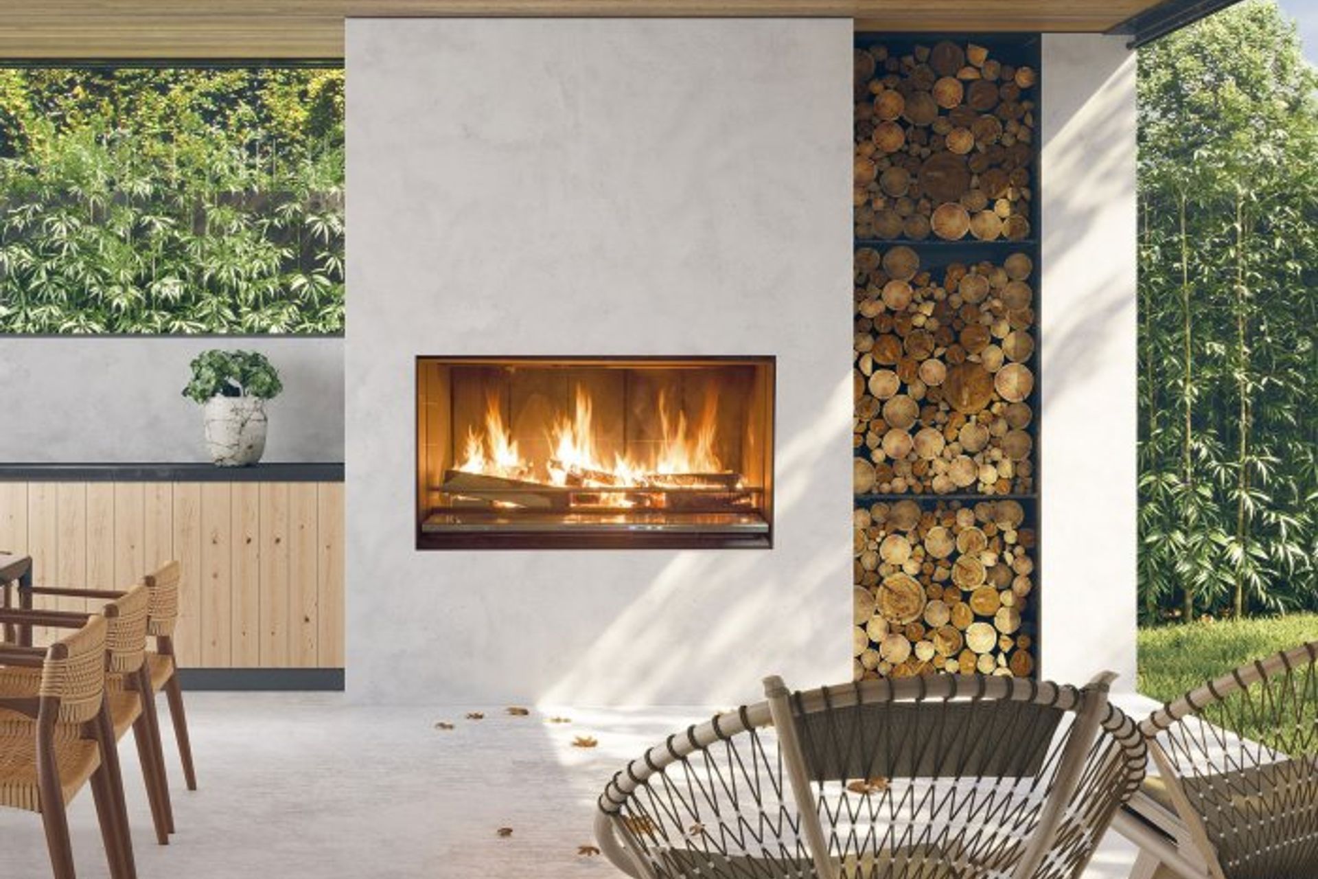 Escea EK950 Outdoor Wood Fireplace Kitchen from Classic Fireplaces and BBQs
