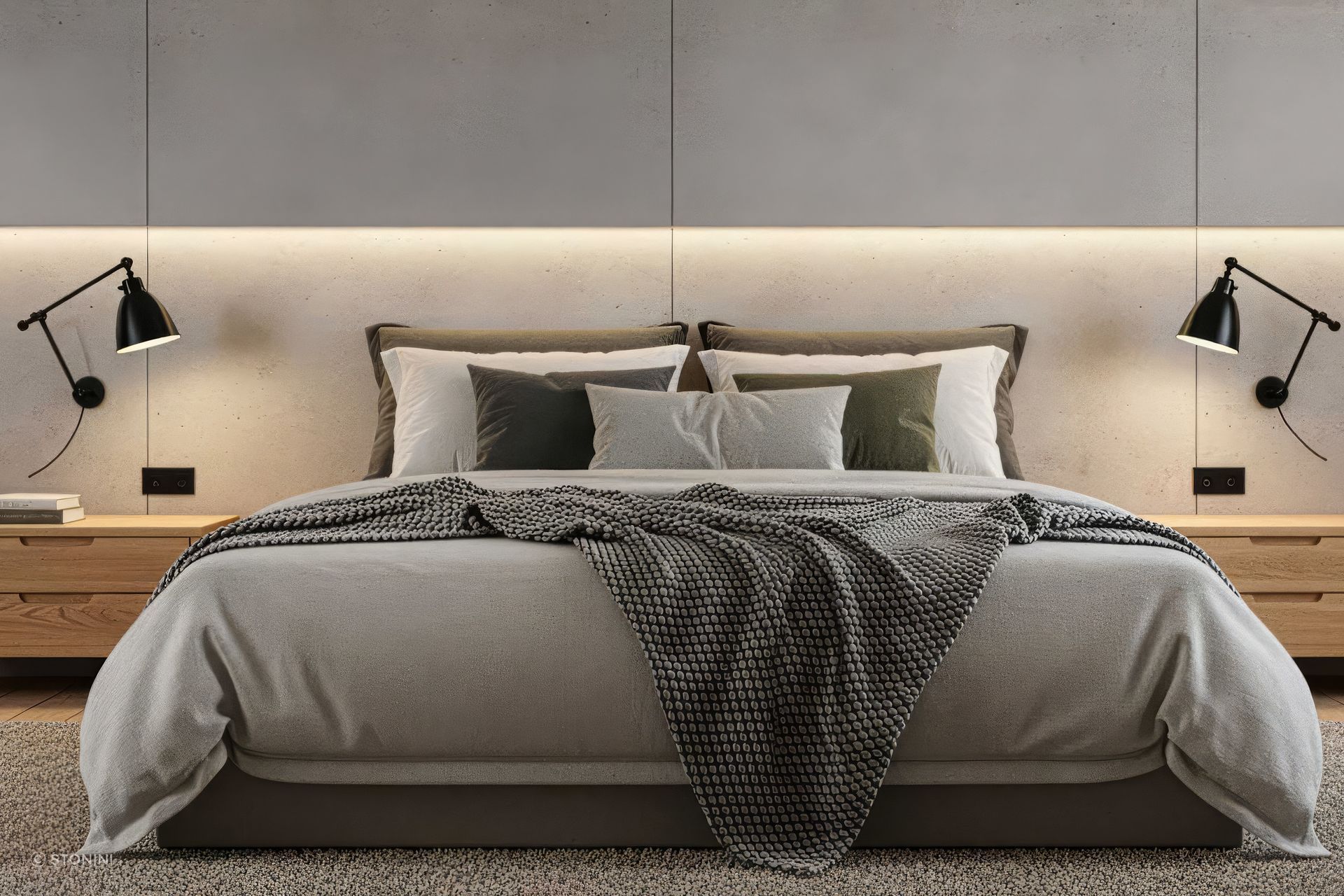 Conceptual application of concrete wall panels in a bedroom