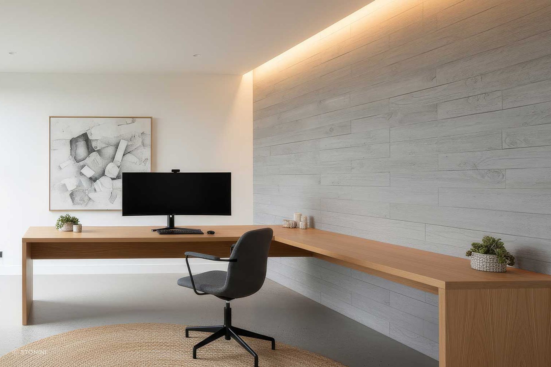 Modern home office with faux concrete wall panels (Conceptual rendering).