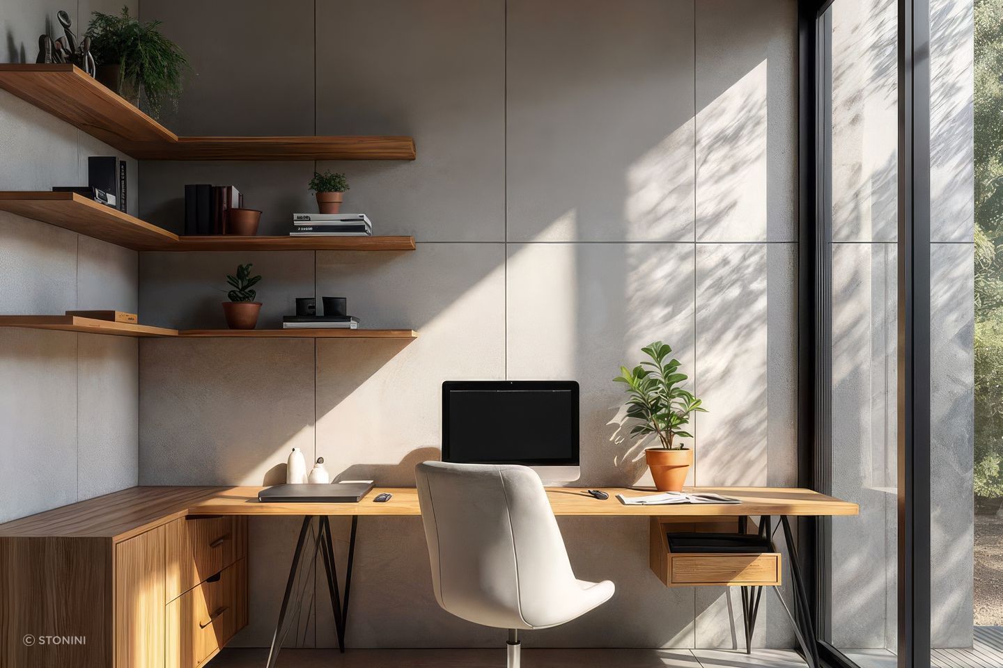 Conceptual application of concrete wall panels in a home office