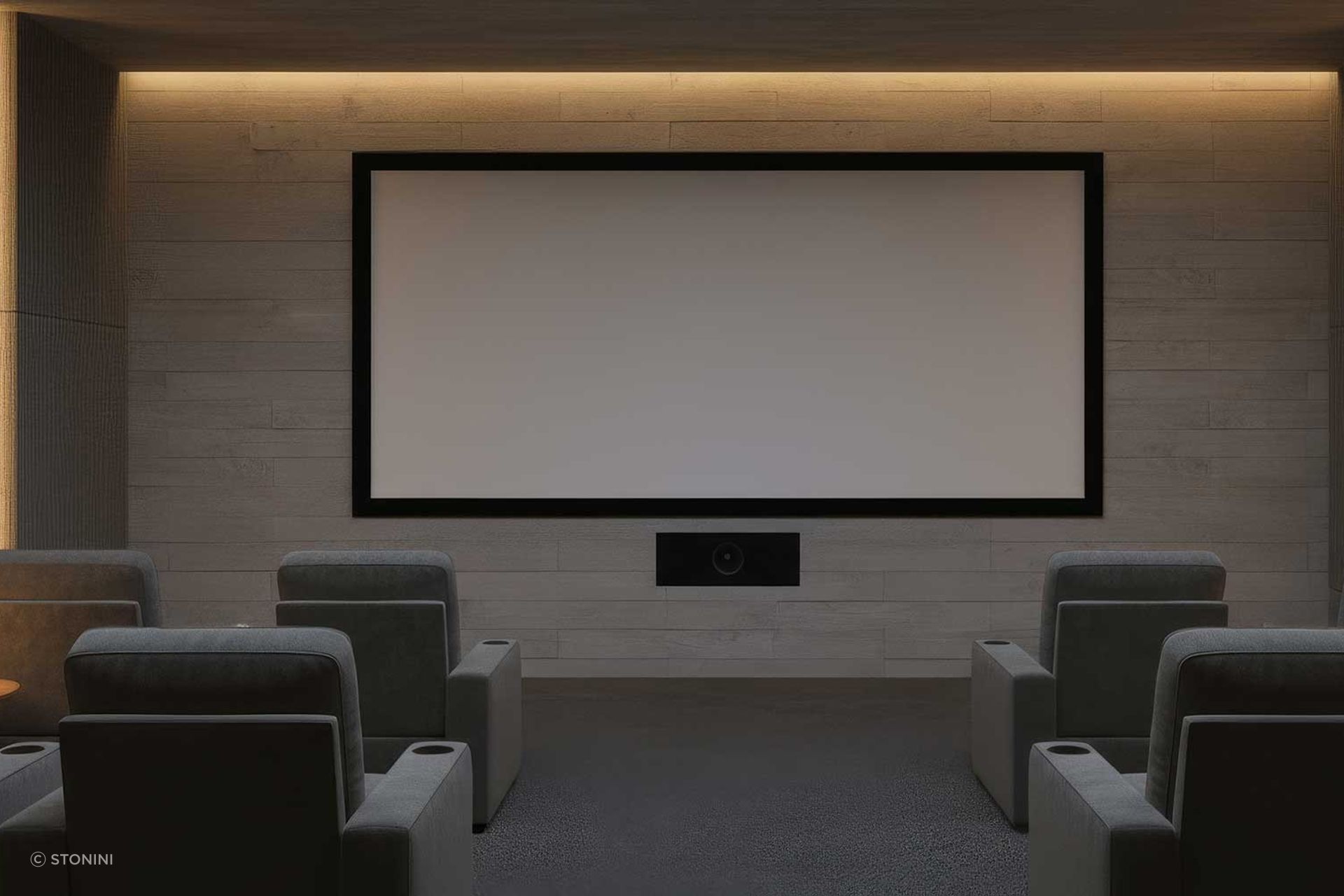 Concrete wall panels in media room (Conceptual rendering).