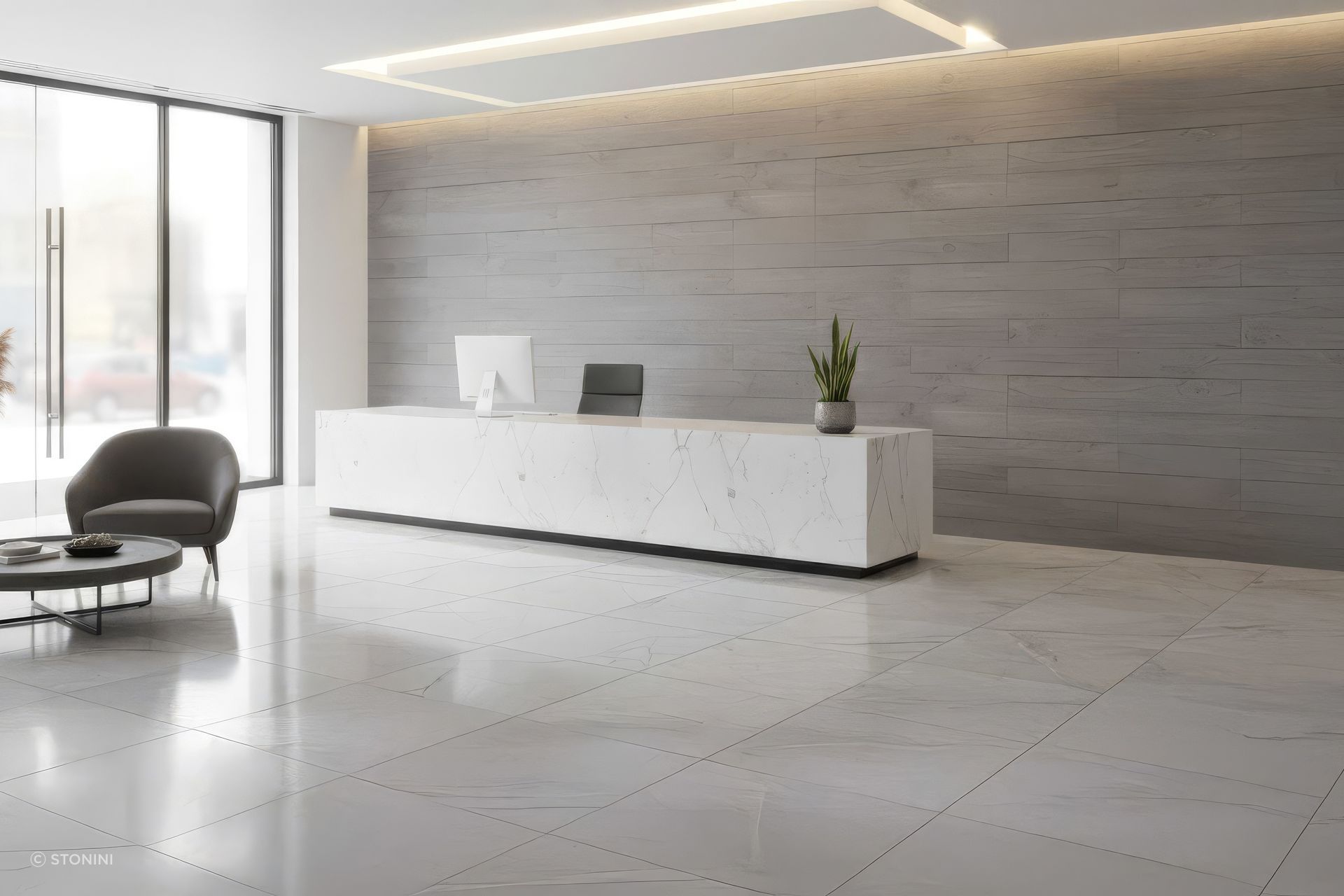 High-end retail or corporate lobby with a single feature wall of board-formed concrete makes a powerful statement. (Conceptual rendering).